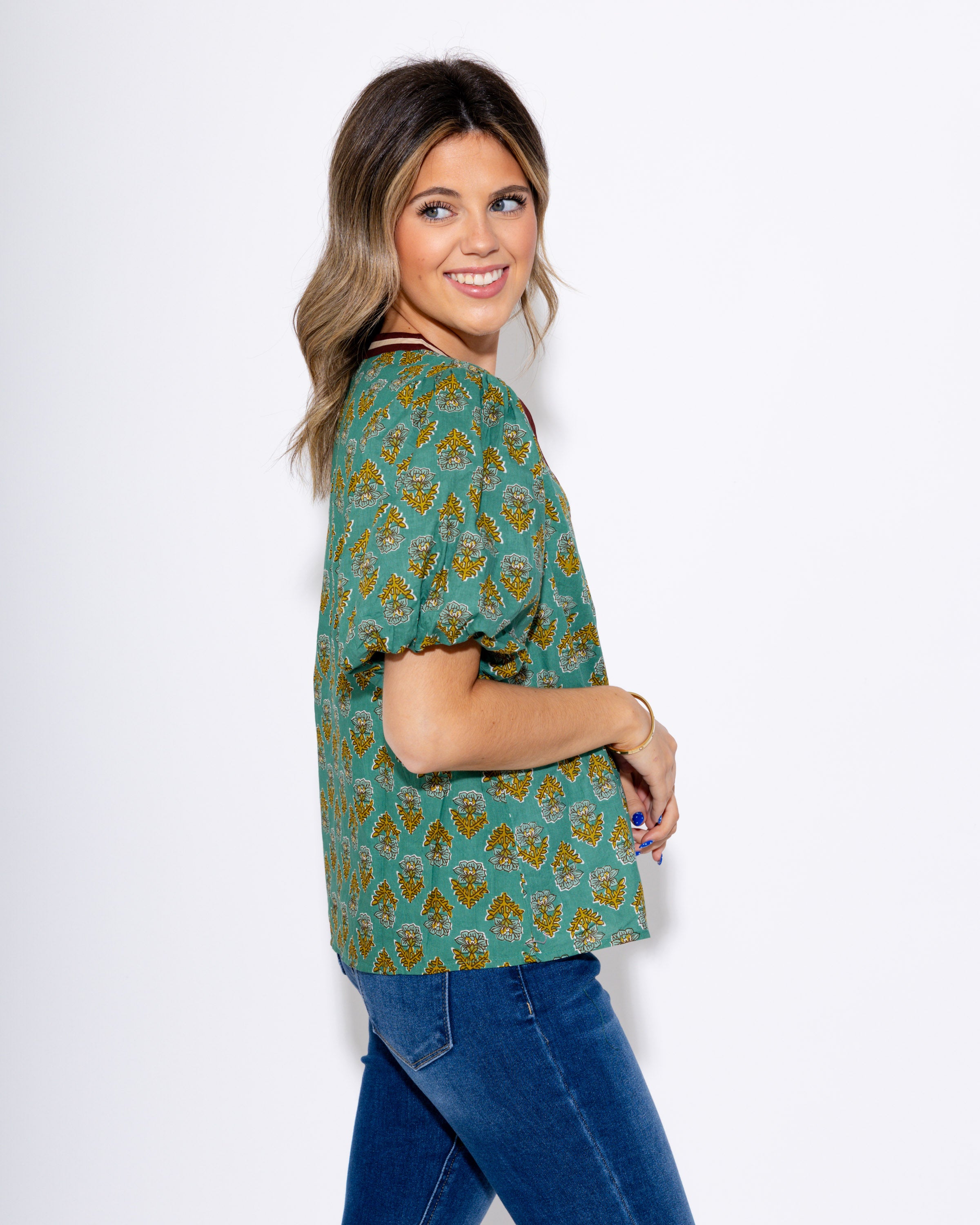 Mint Floral Puff Sleeve Top