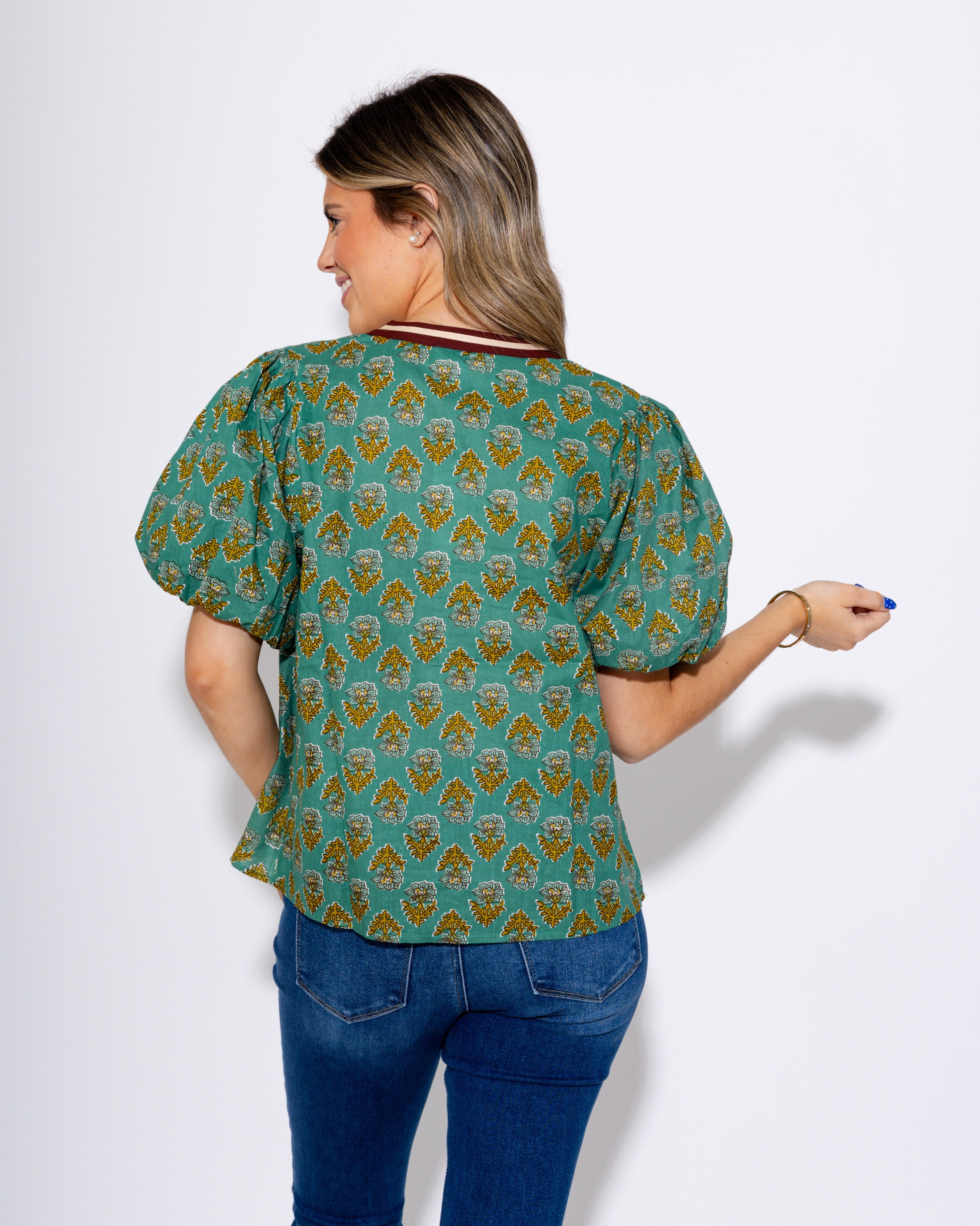 Mint Floral Puff Sleeve Top