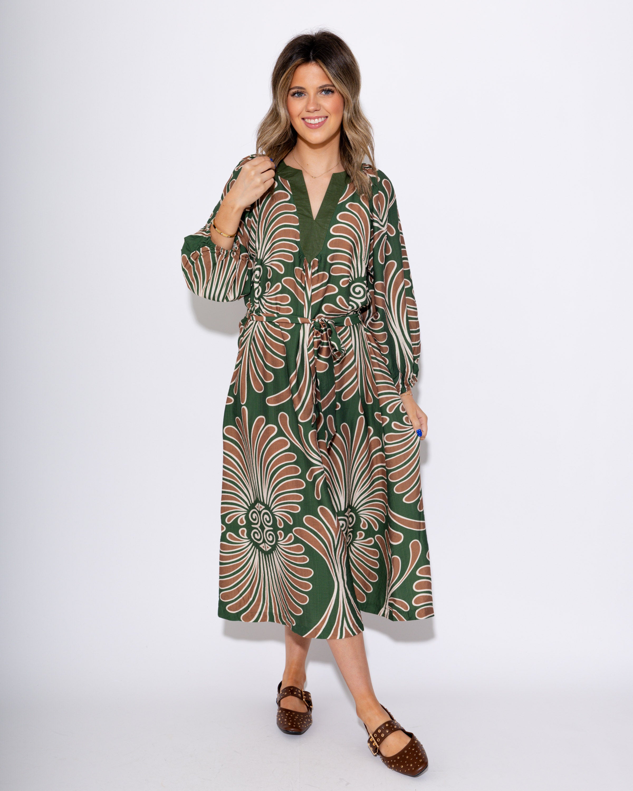 Tie Waist Abstract Midi Dress