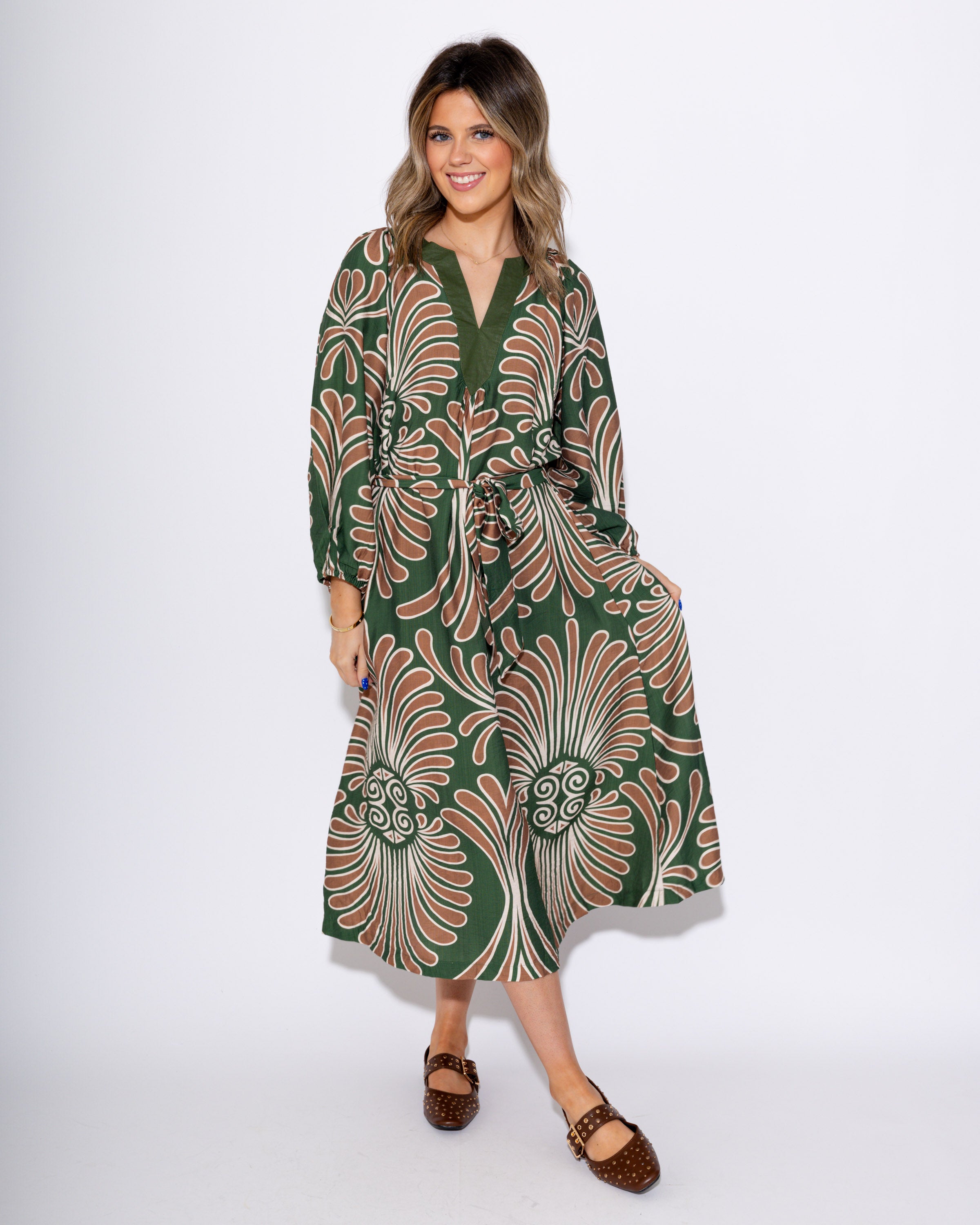 Tie Waist Abstract Midi Dress