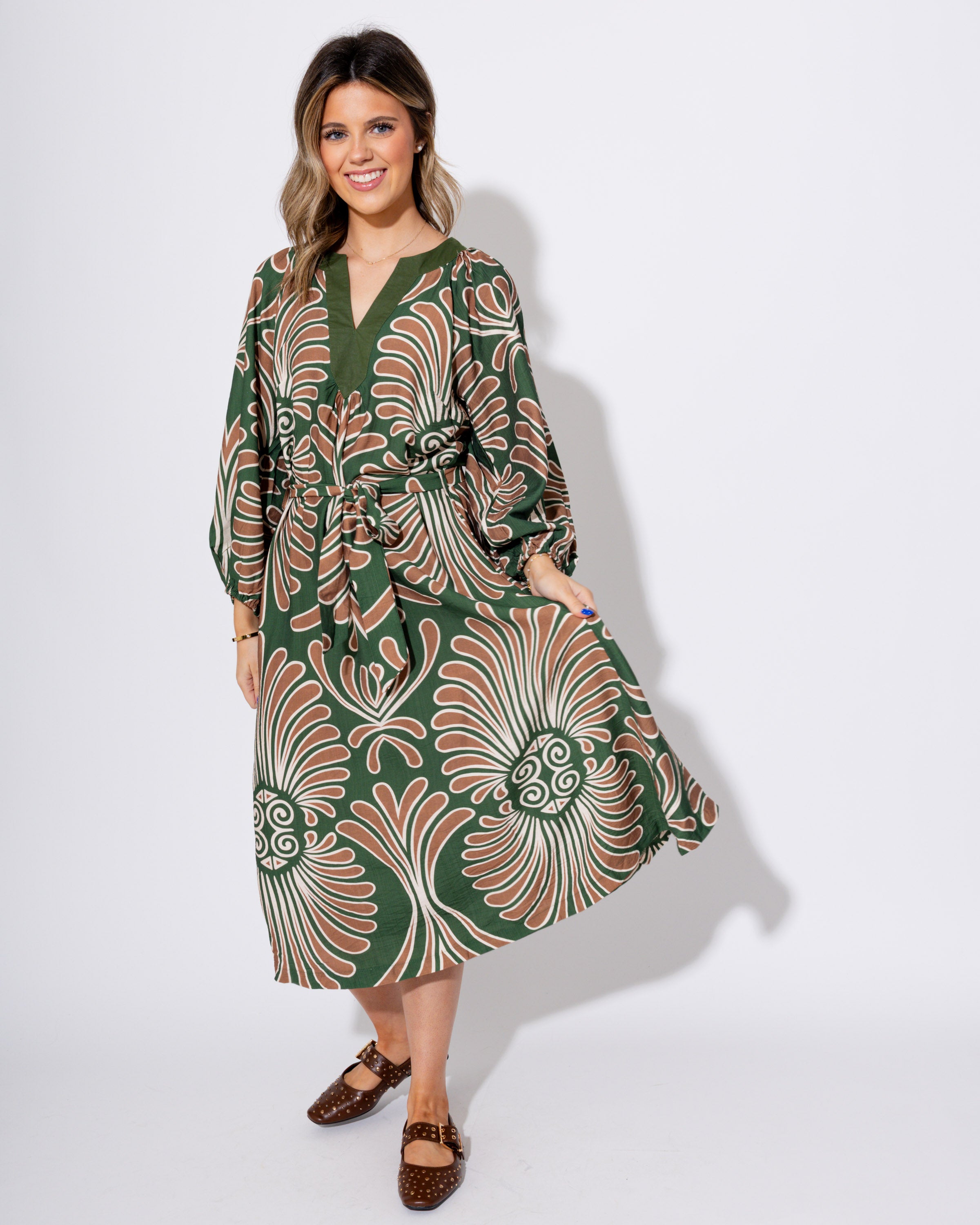 Tie Waist Abstract Midi Dress