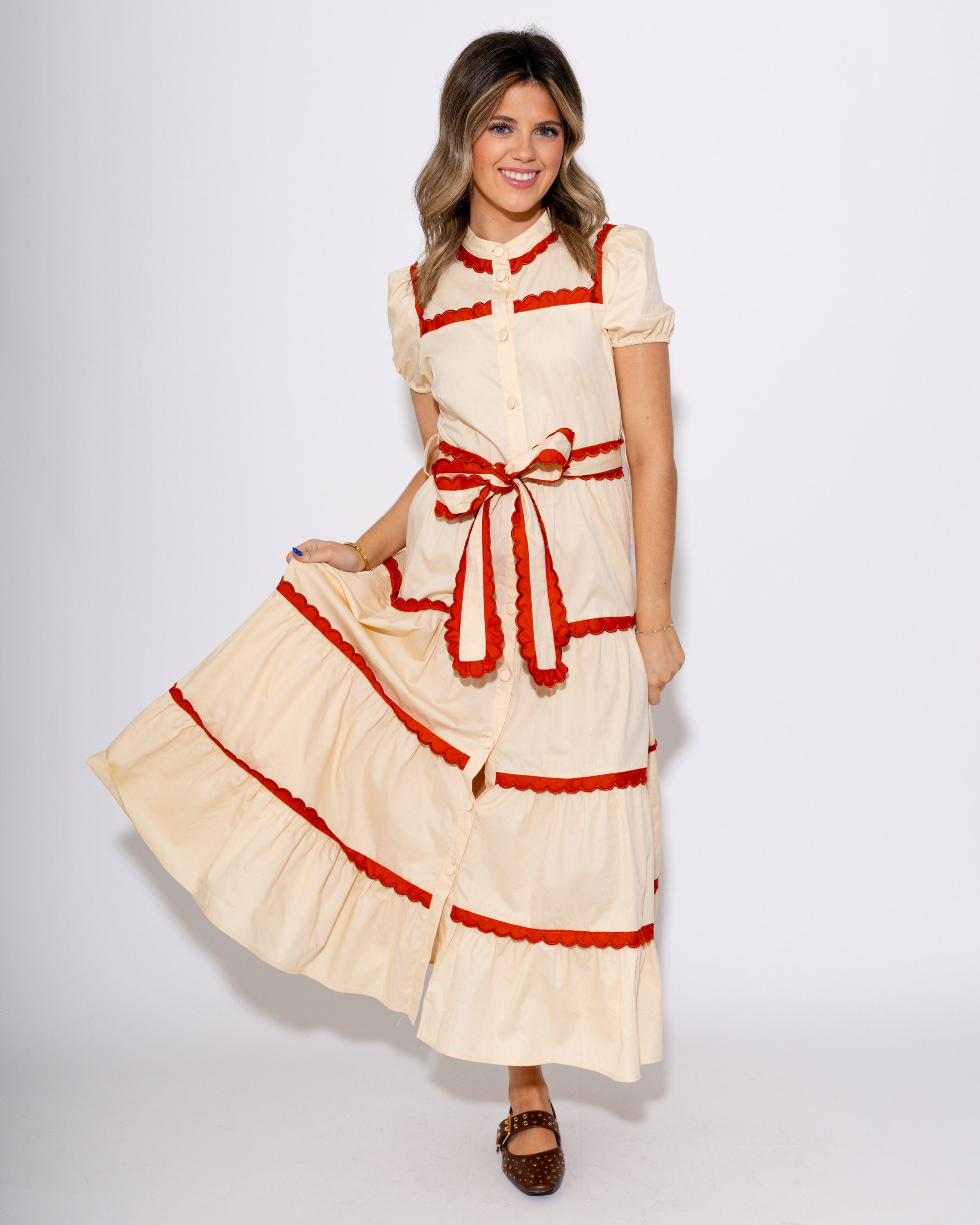 Scallop and Stitch Bow Tie Tiered Midi Dress