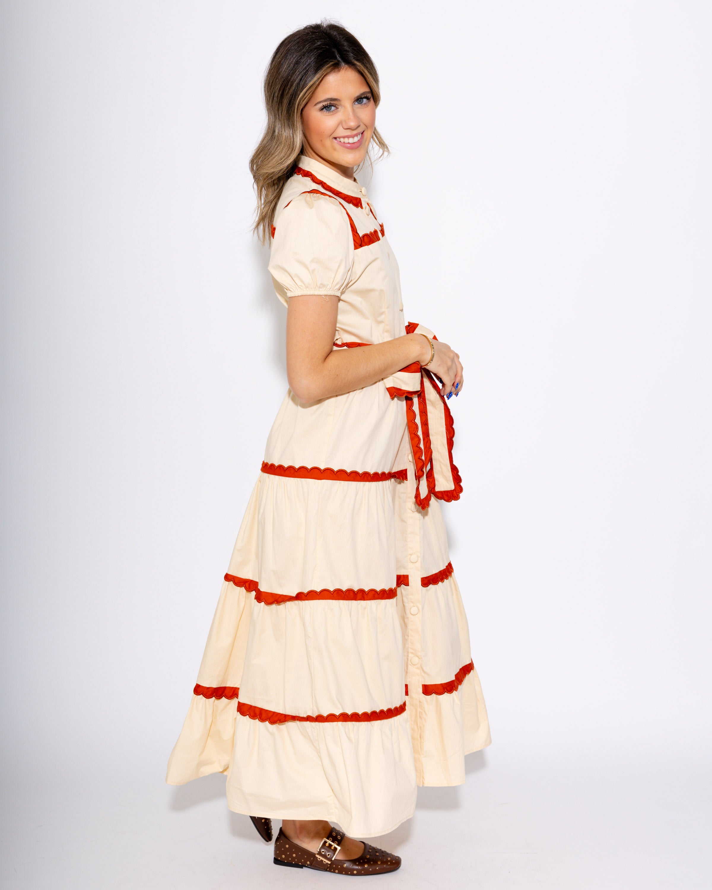 Scallop and Stitch Bow Tie Tiered Midi Dress