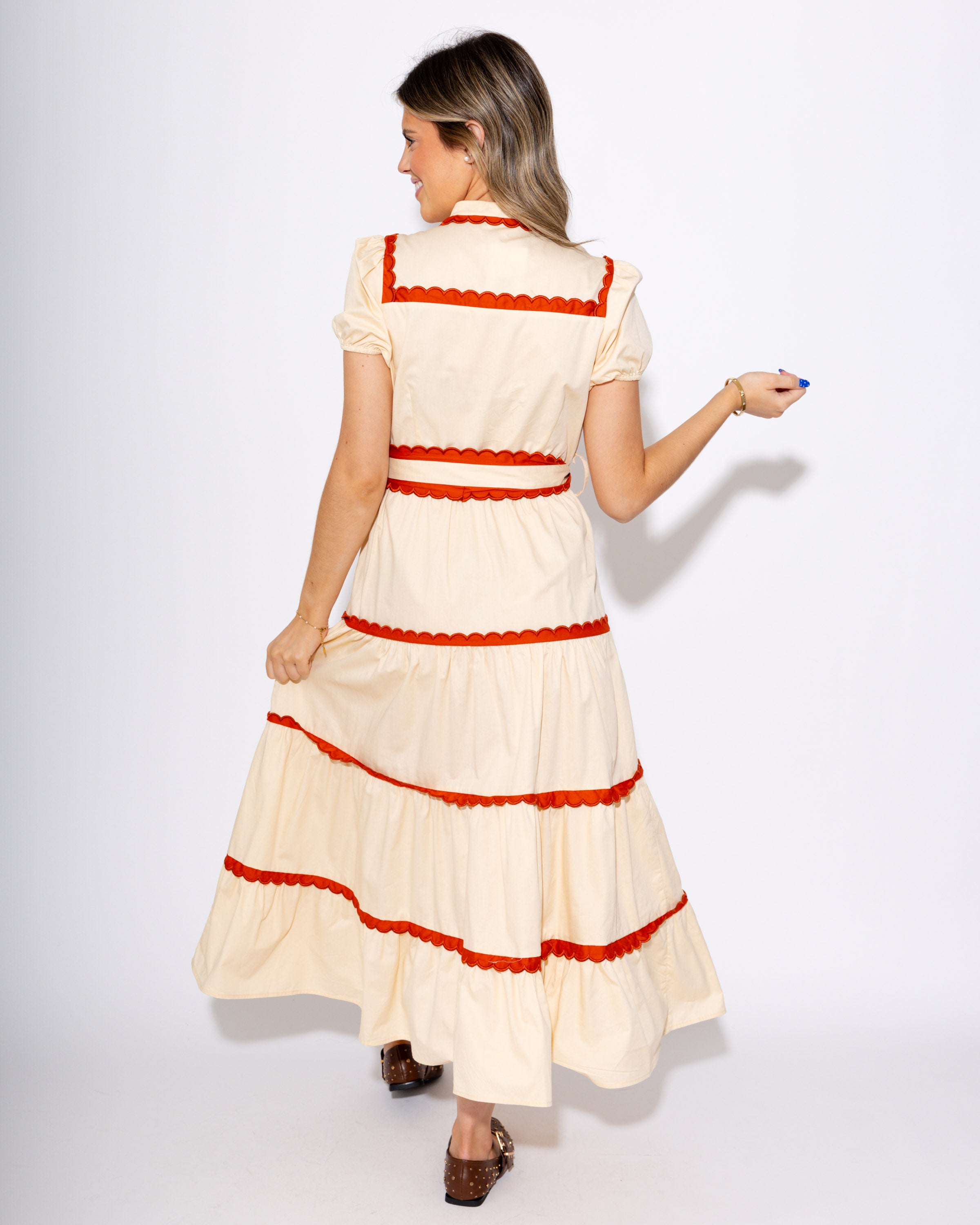 Scallop and Stitch Bow Tie Tiered Midi Dress