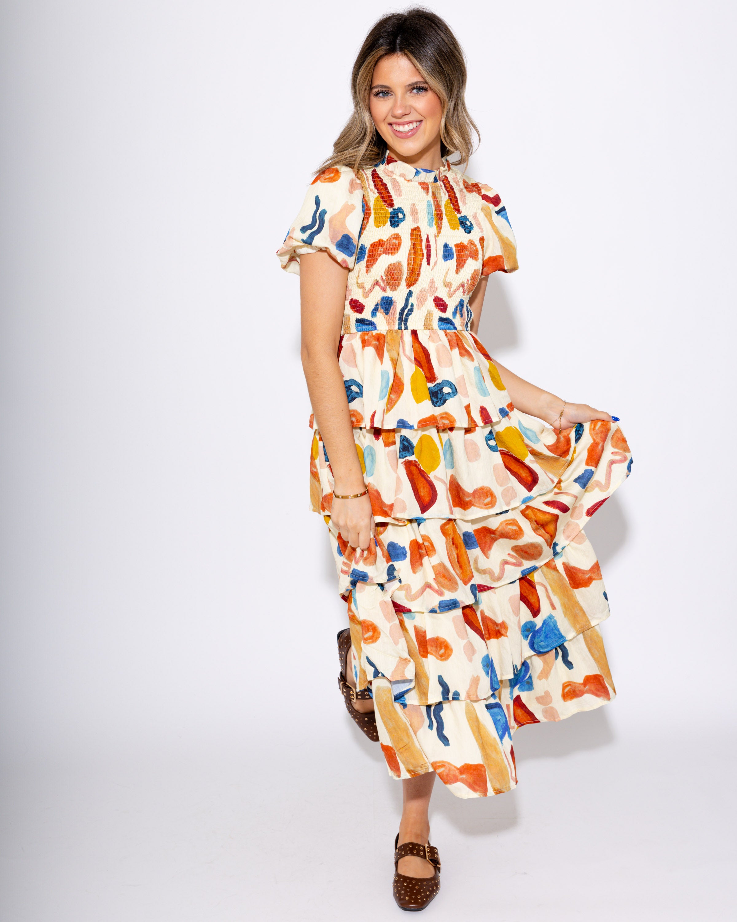 Painted Breeze Bubble Sleeve Tiered Midi Dress