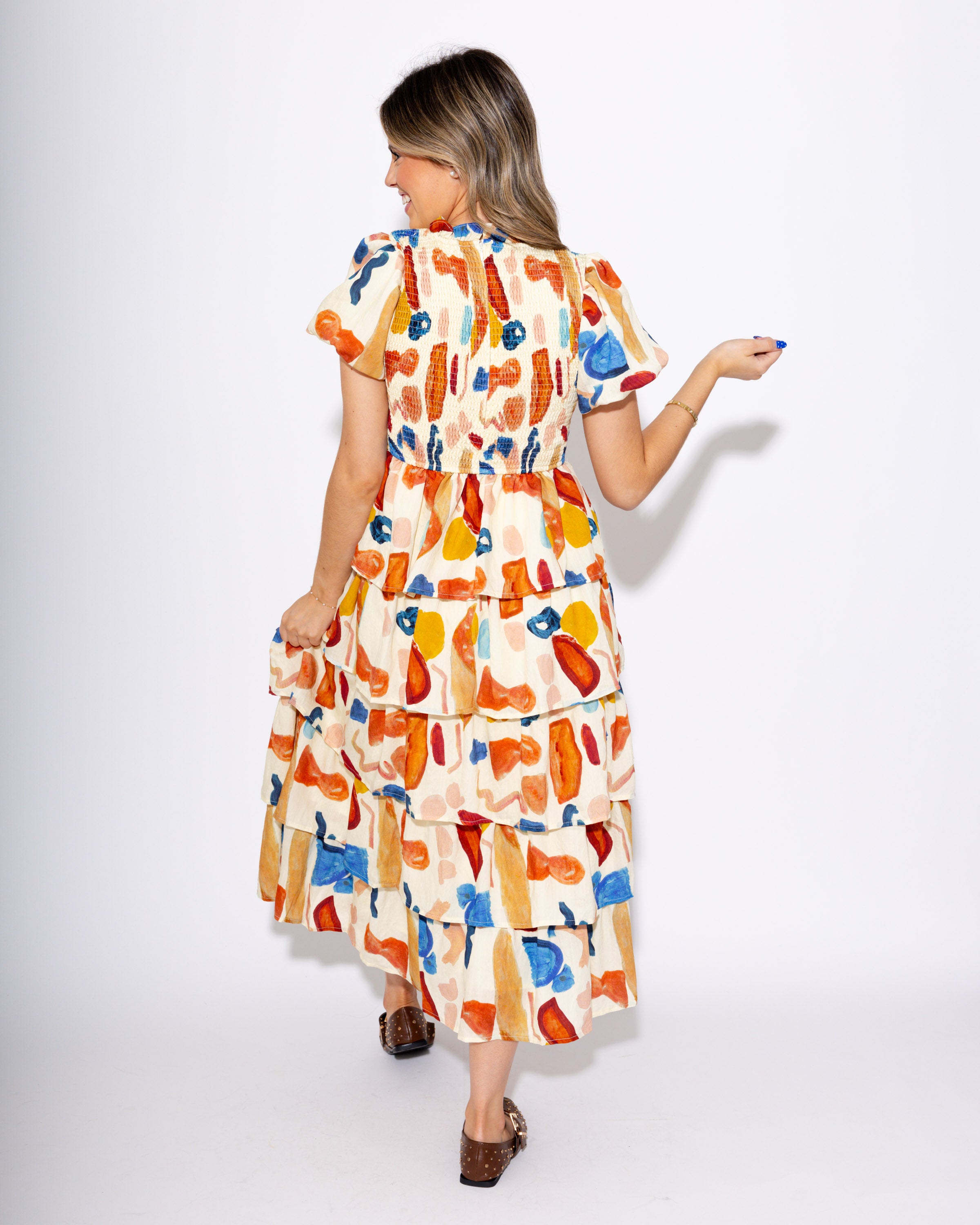 Painted Breeze Bubble Sleeve Tiered Midi Dress