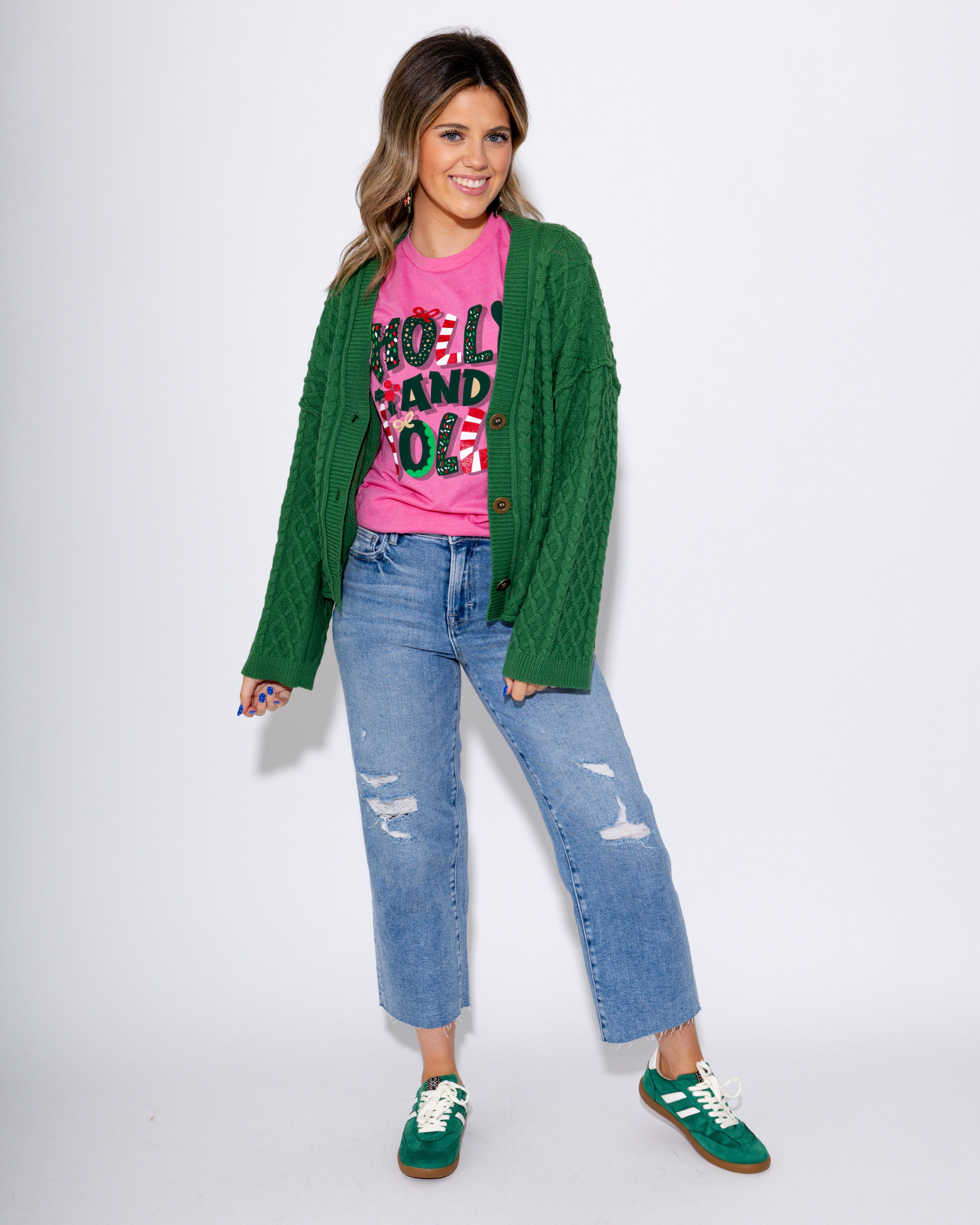 Green Cable Knit Button-Up Sweater