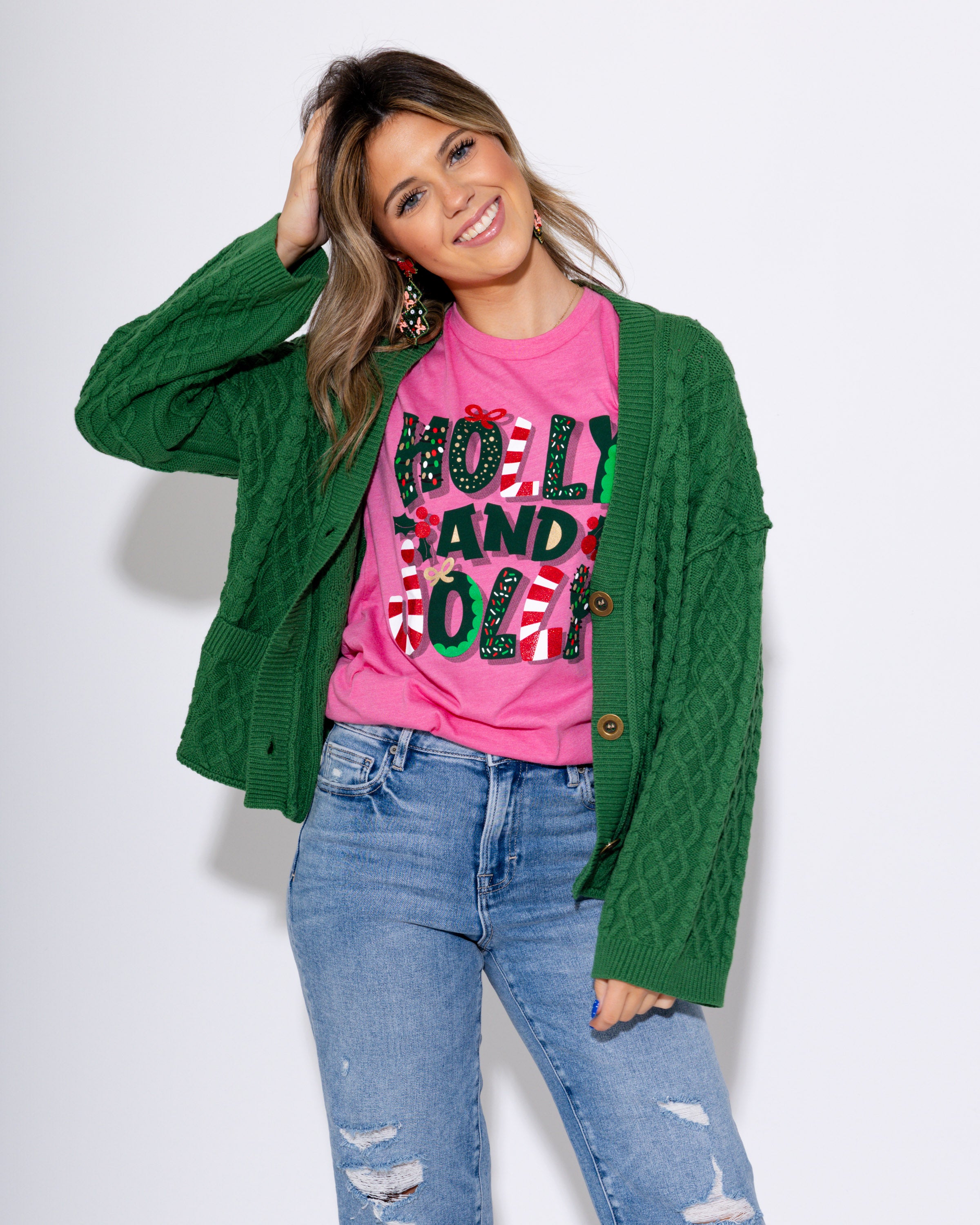 Green Cable Knit Button-Up Sweater