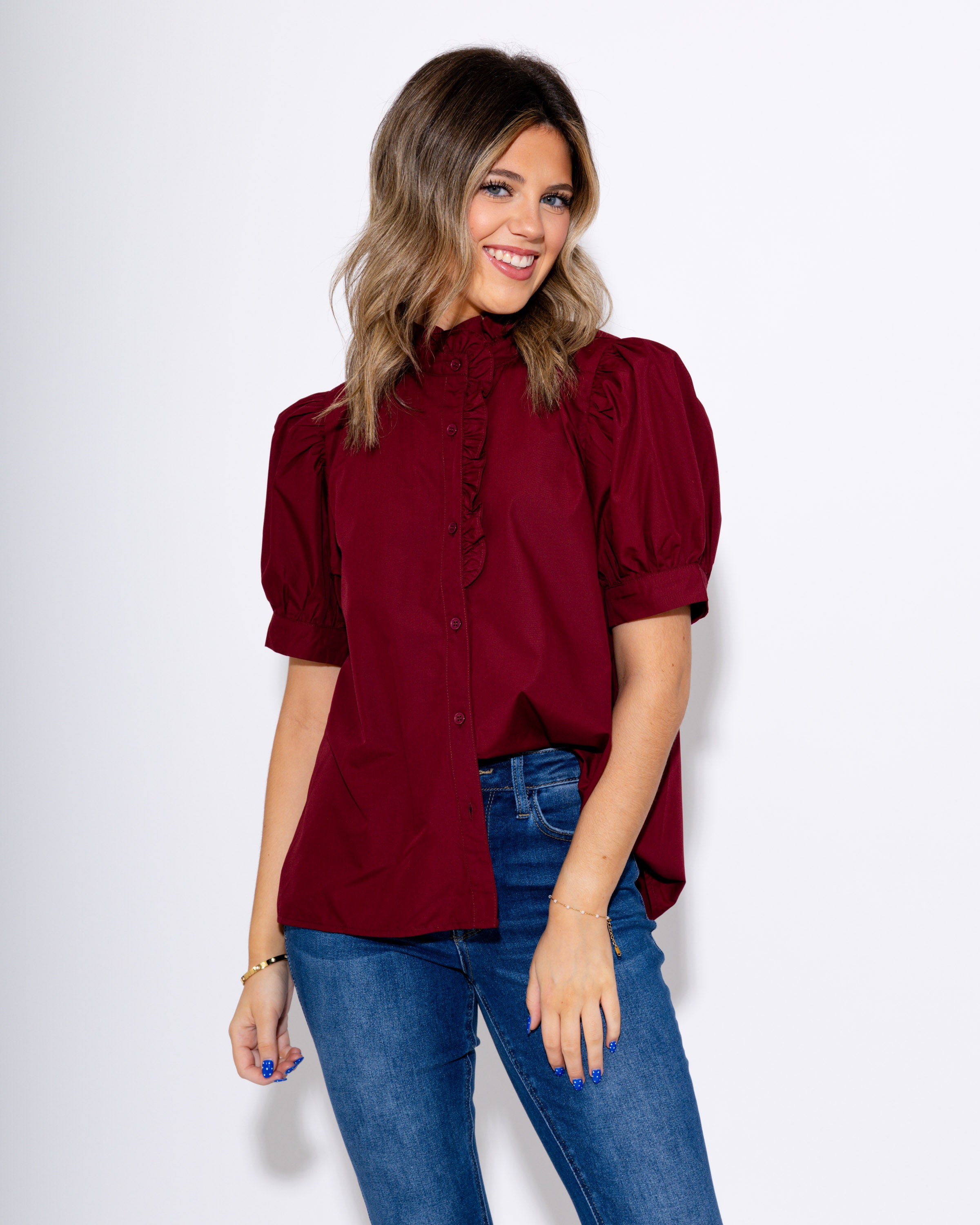 The Smart Style Puff Sleeve Top in Burgundy