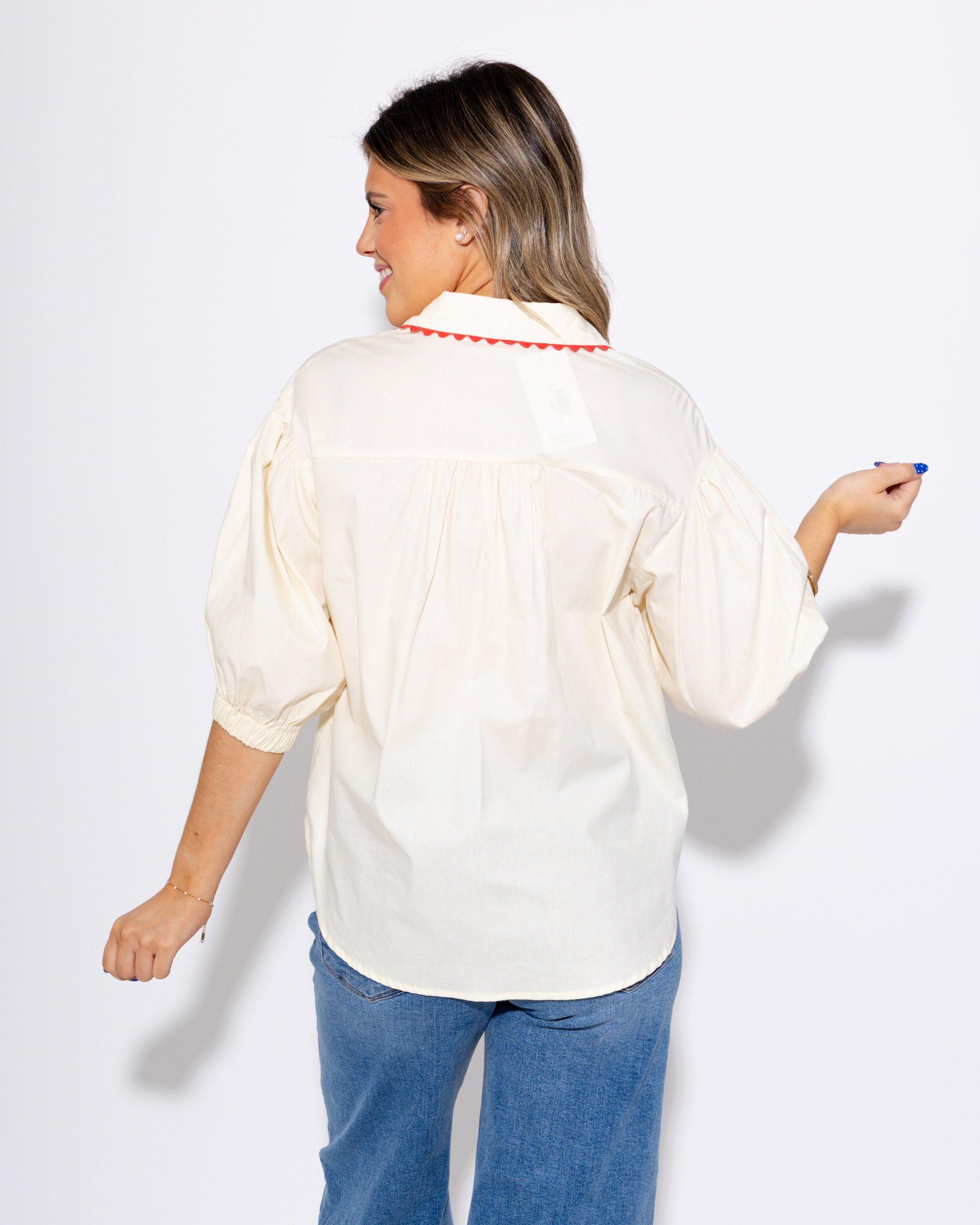 Wavy Trim Delight Button Up Top in Cream