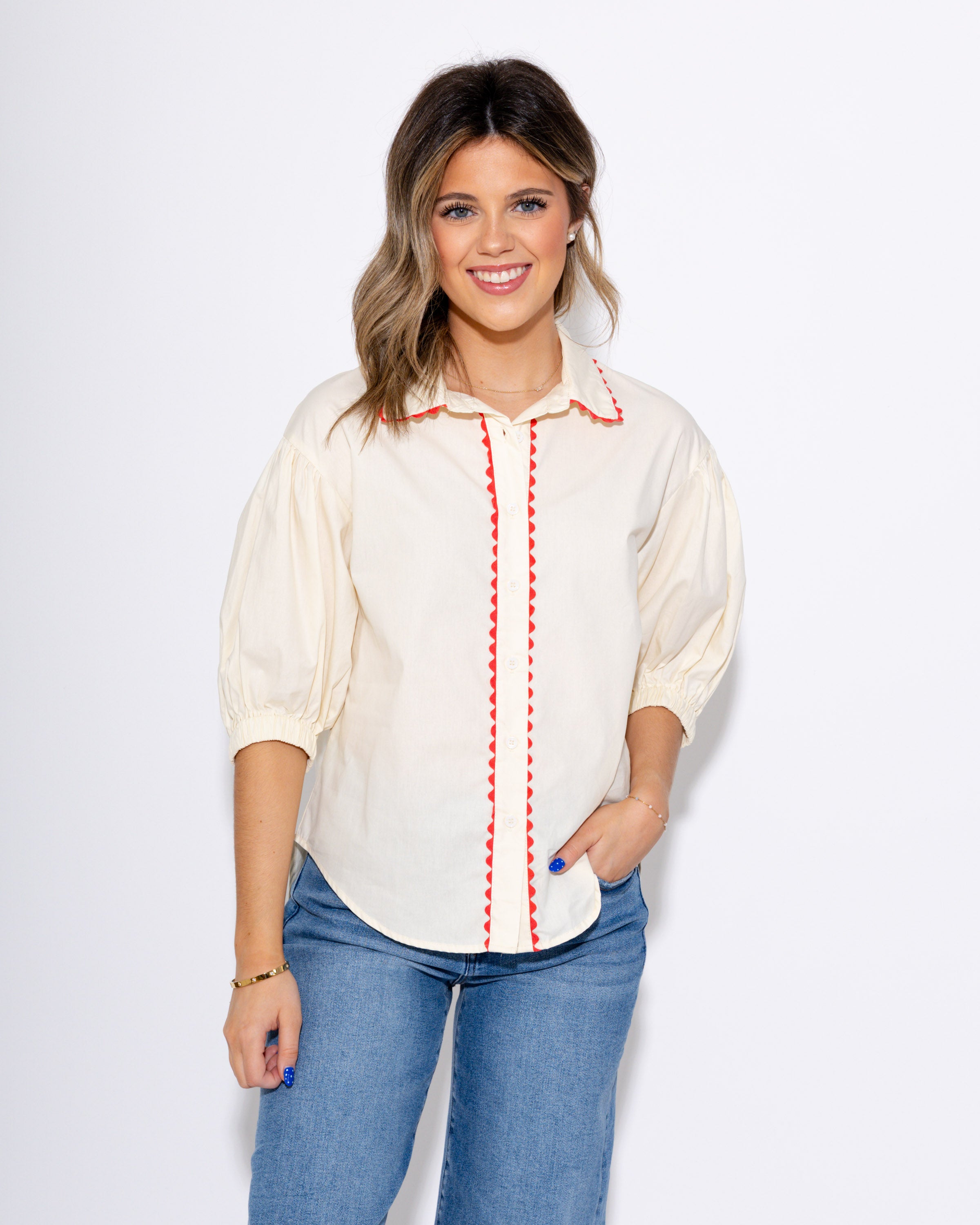 Wavy Trim Delight Button Up Top in Cream