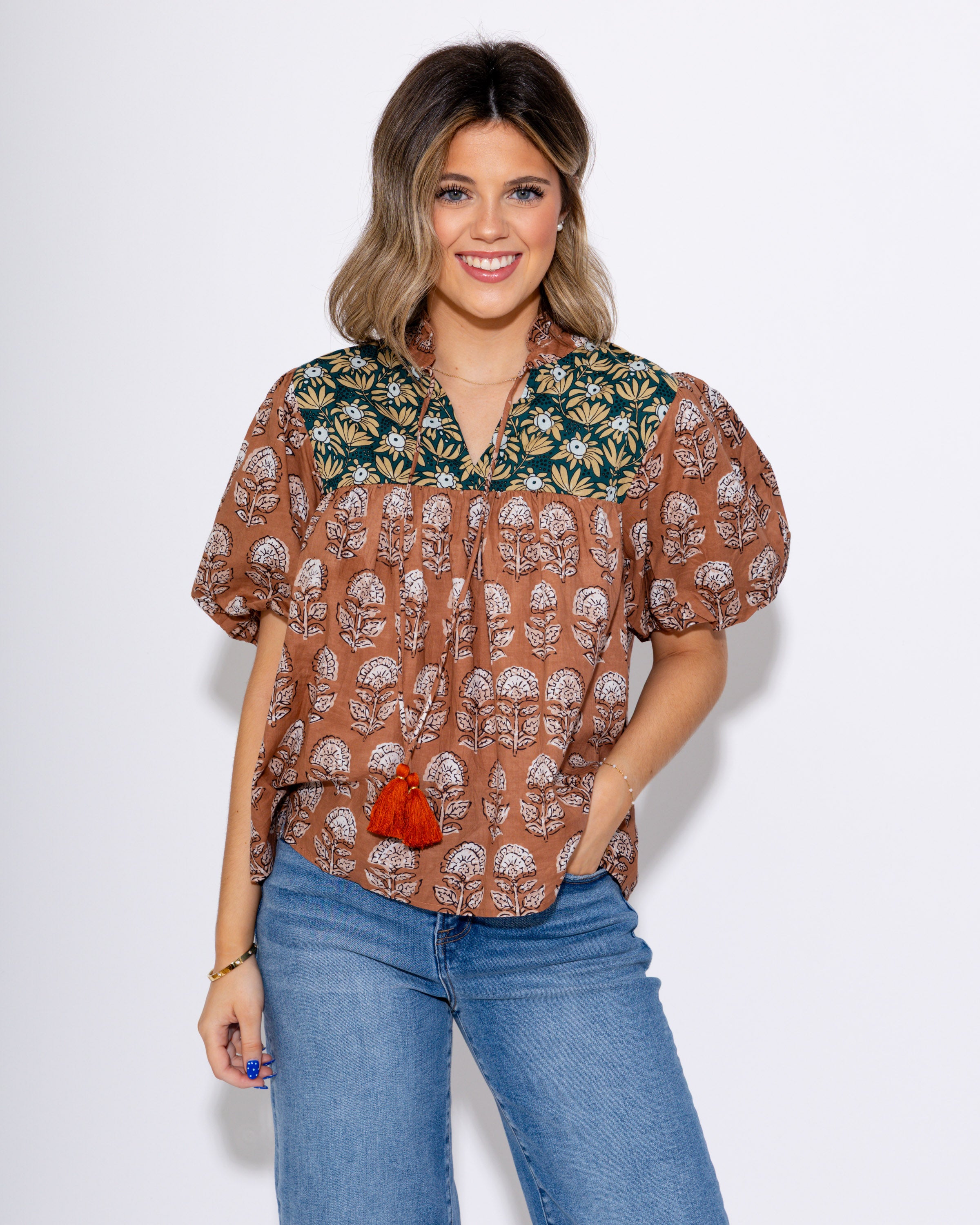 Floral Affairs Neck Tie Top in Beige