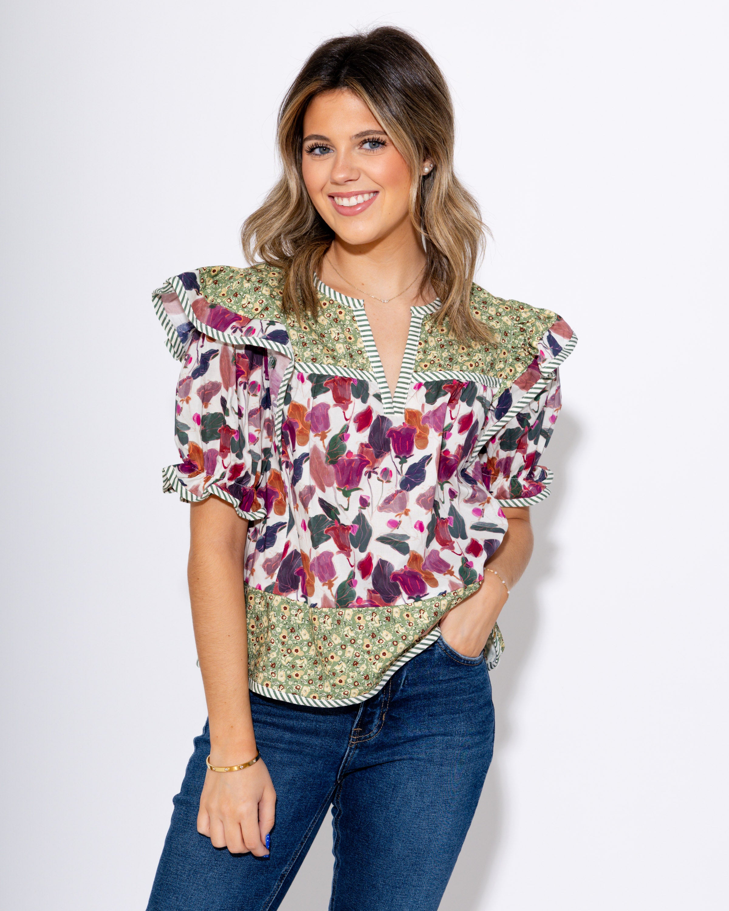 Shoulder Pop Multi-Print Top in Plum