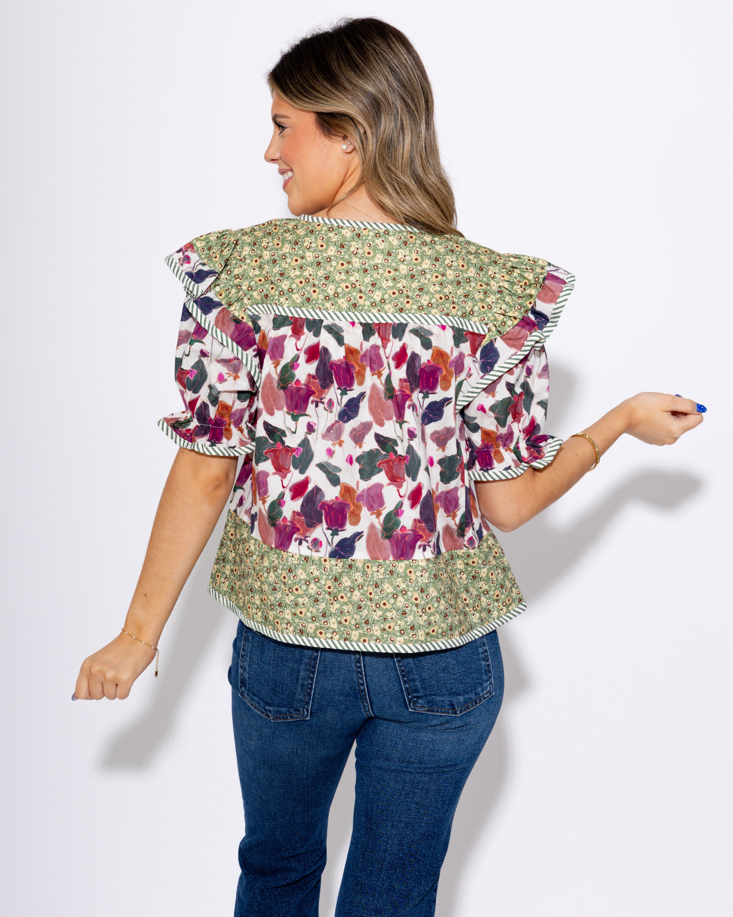 Shoulder Pop Multi-Print Top in Plum