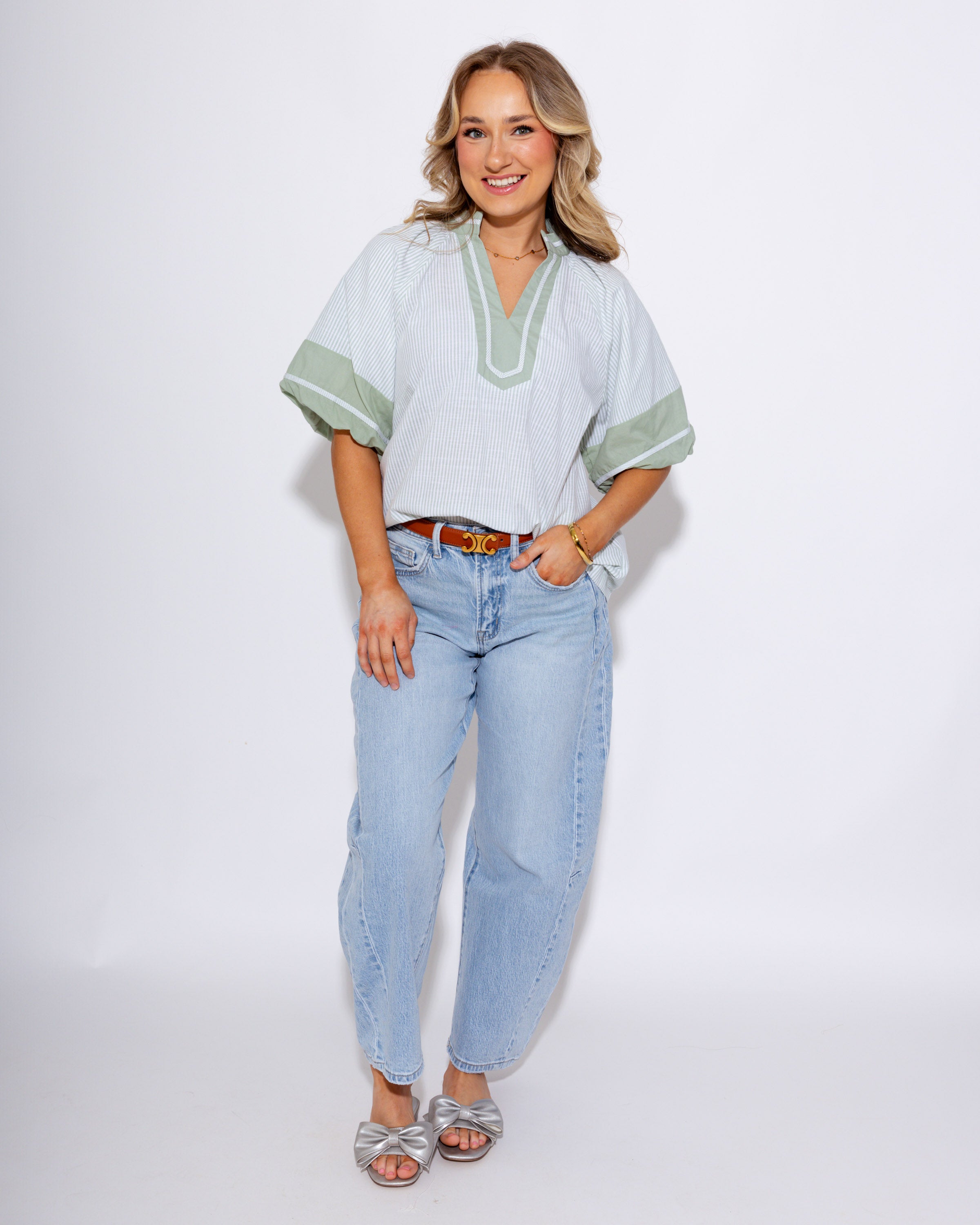 Bubble Sleeve Stripe V-Neck Top in Sage