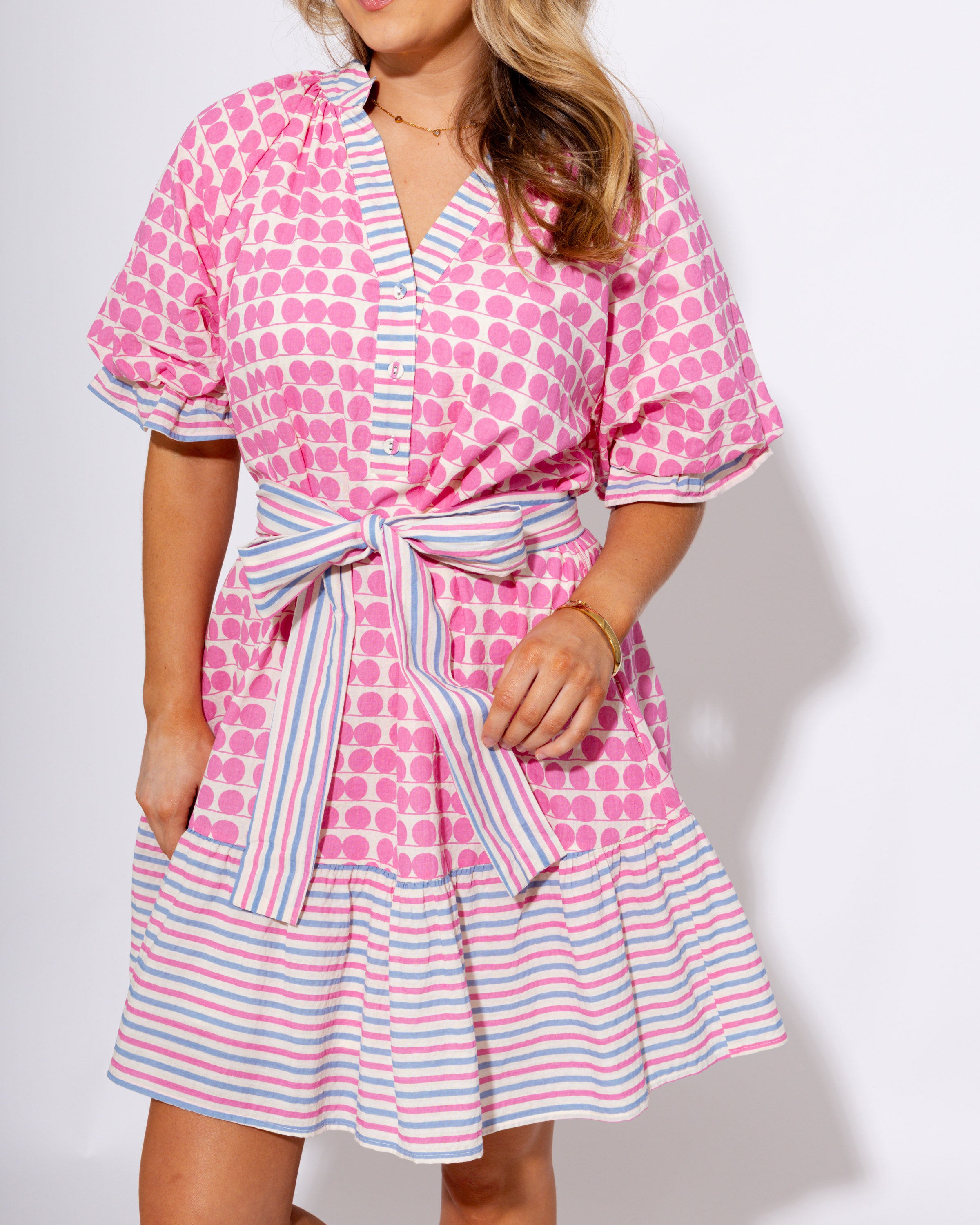 Tie Waist Mixed Print Mini Dress