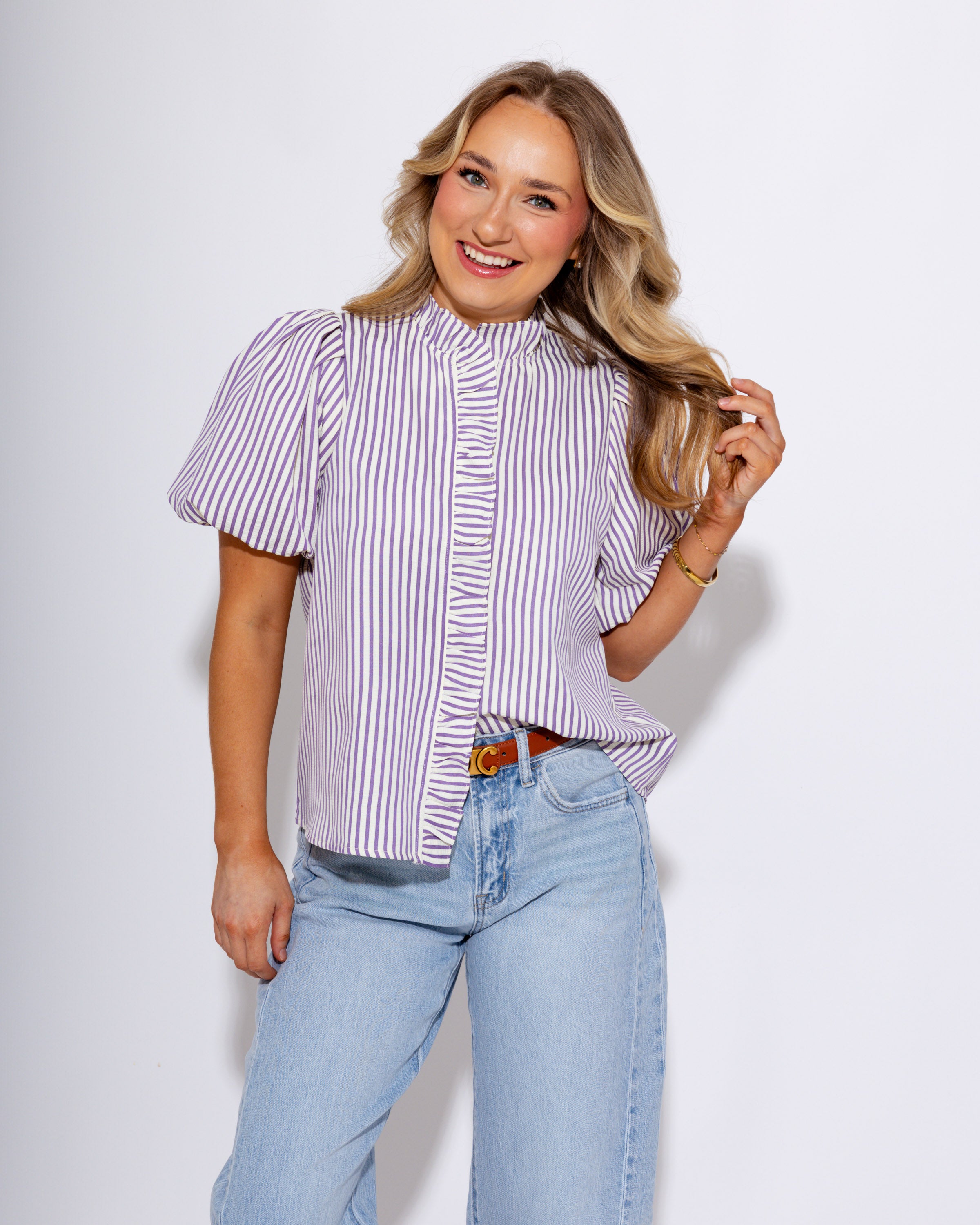 Striped Ruffle Placket Top in Lavender