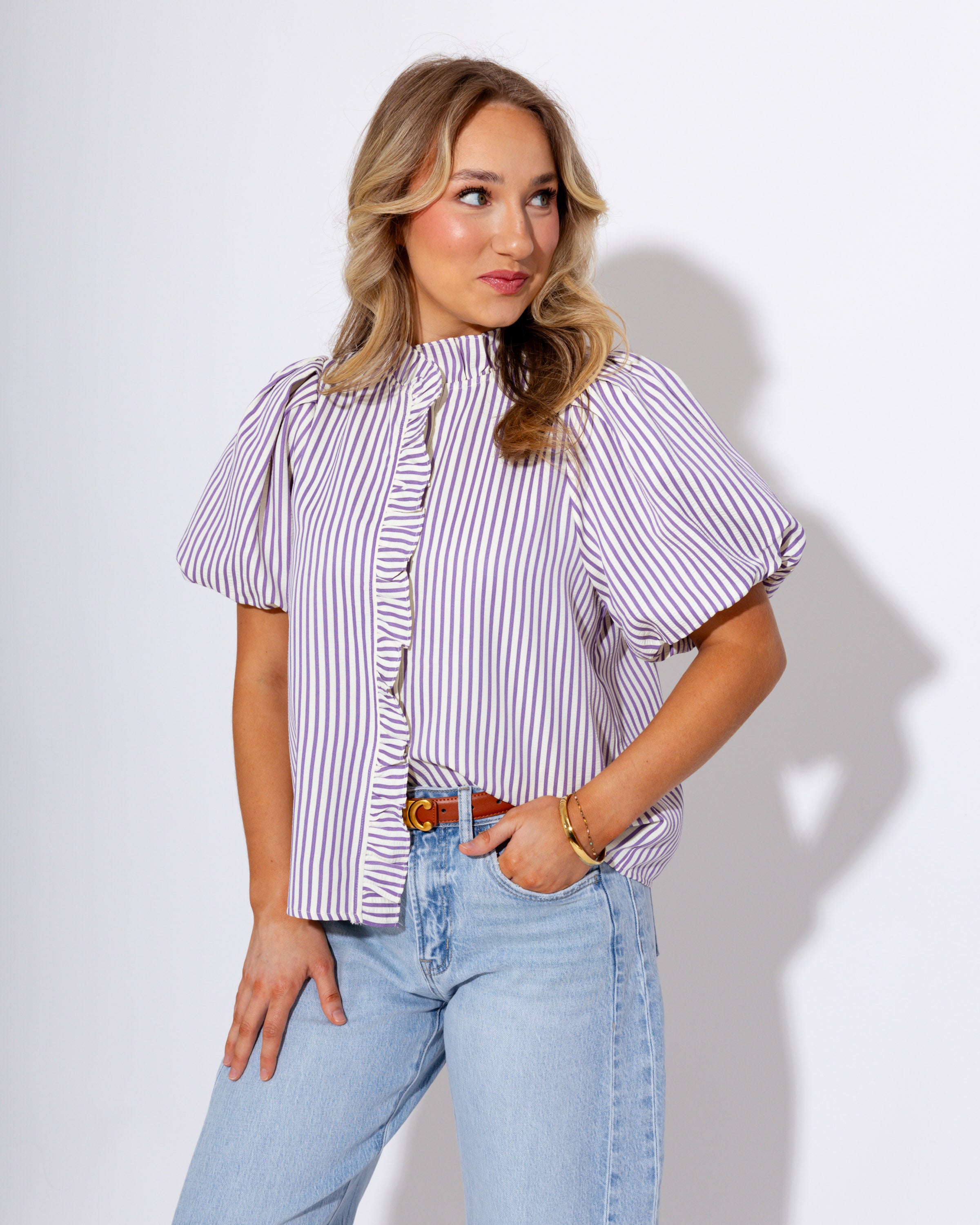 Striped Ruffle Placket Top in Lavender