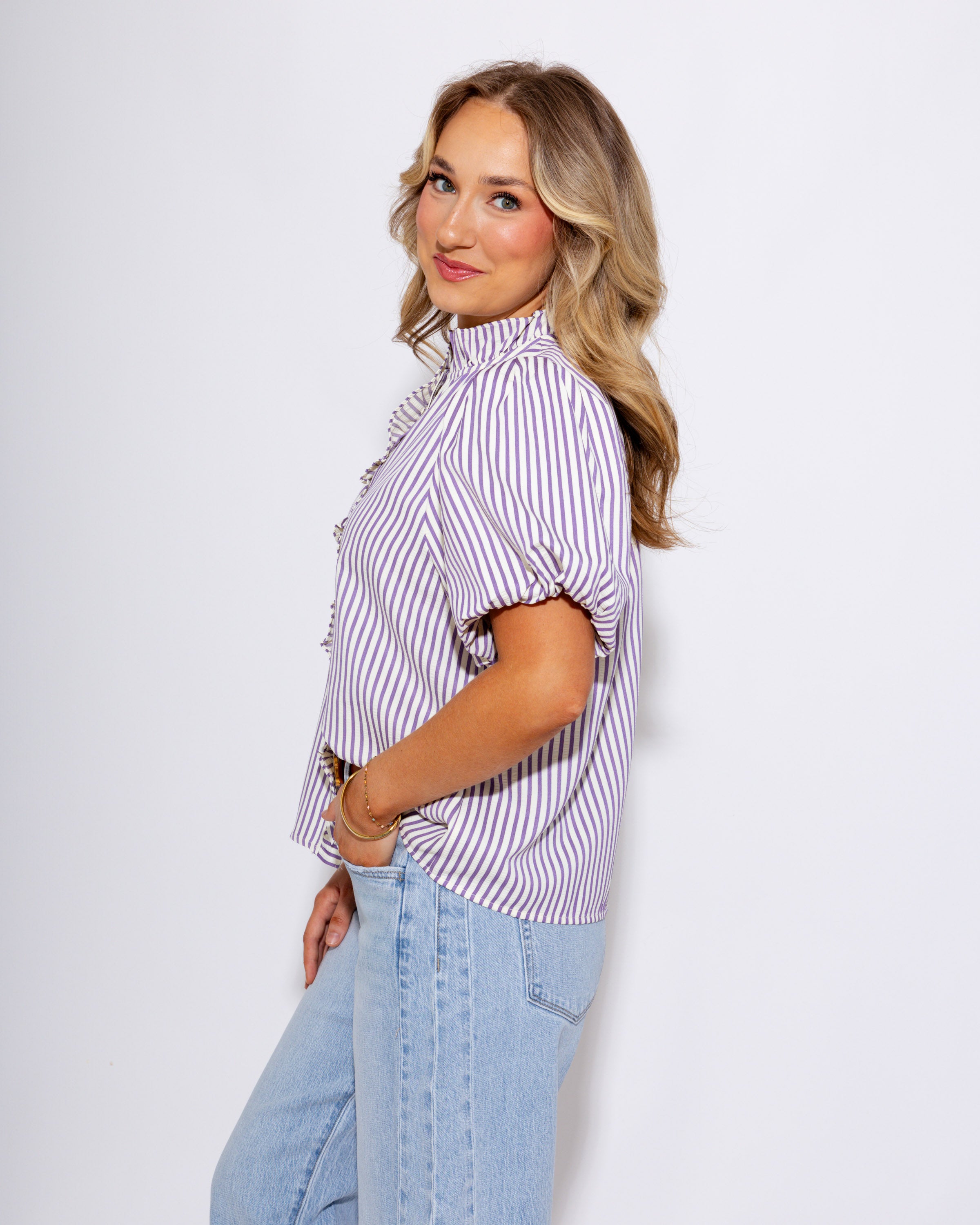 Striped Ruffle Placket Top in Lavender