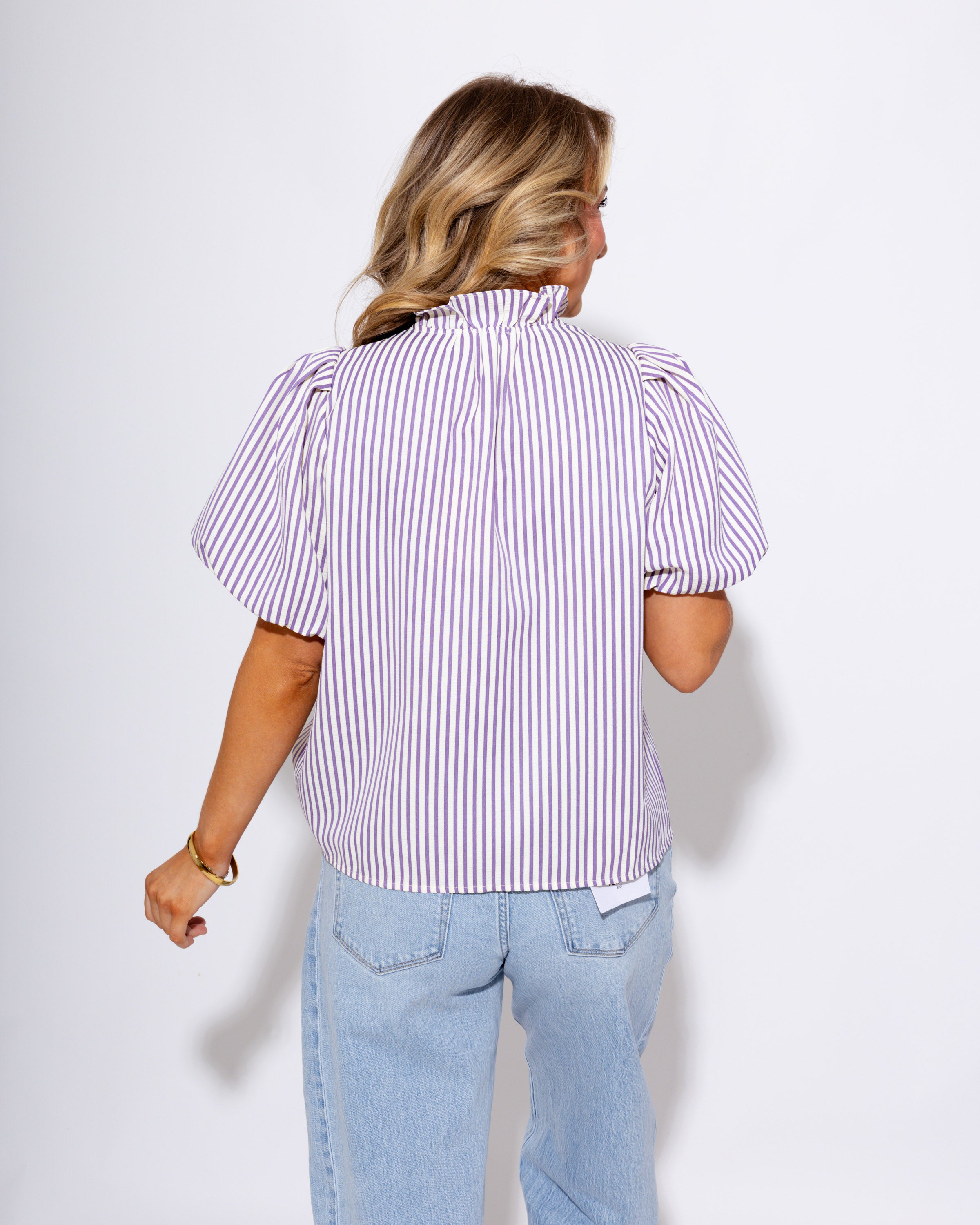 Striped Ruffle Placket Top in Lavender