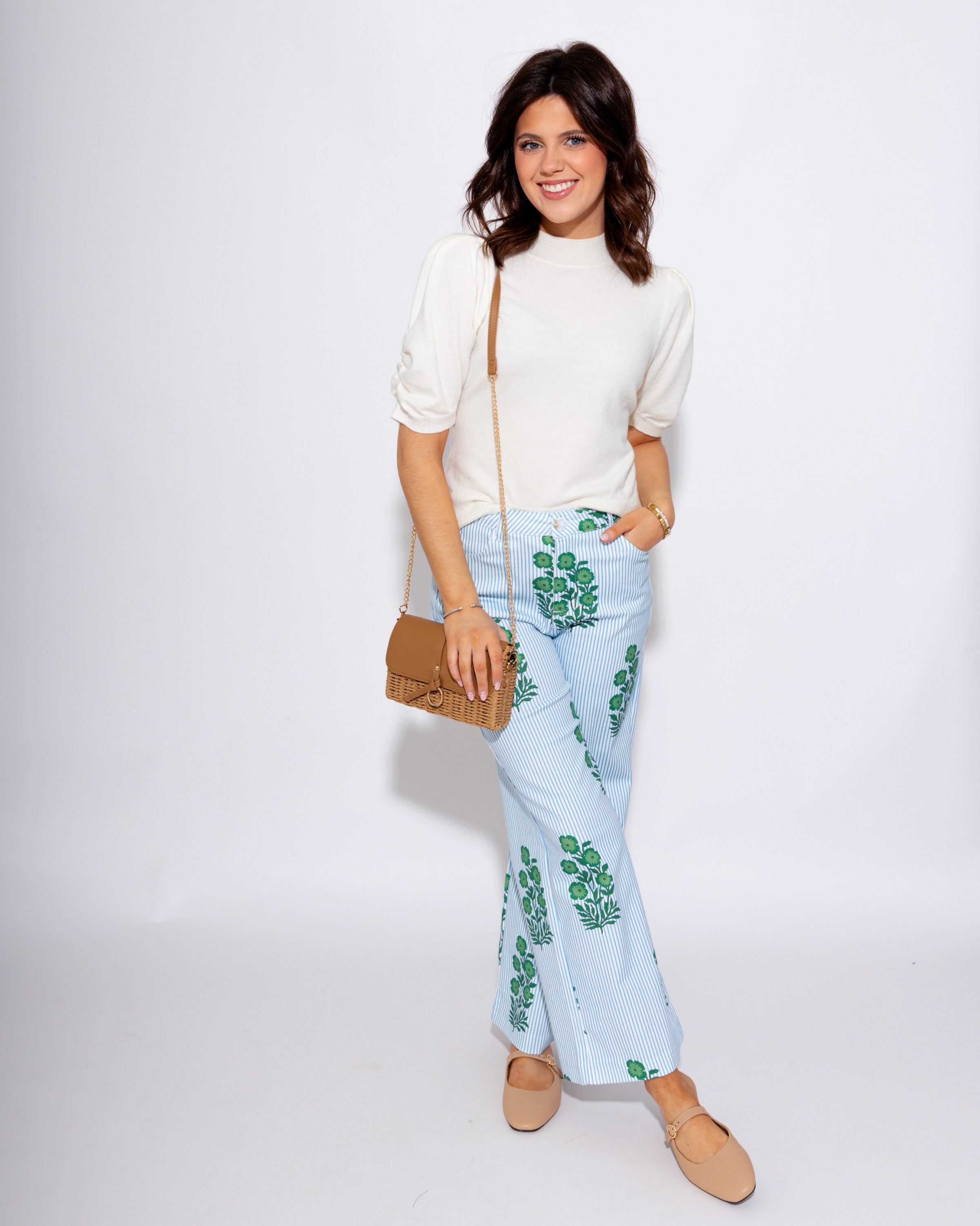 Striped Floral Wide-Leg Pants