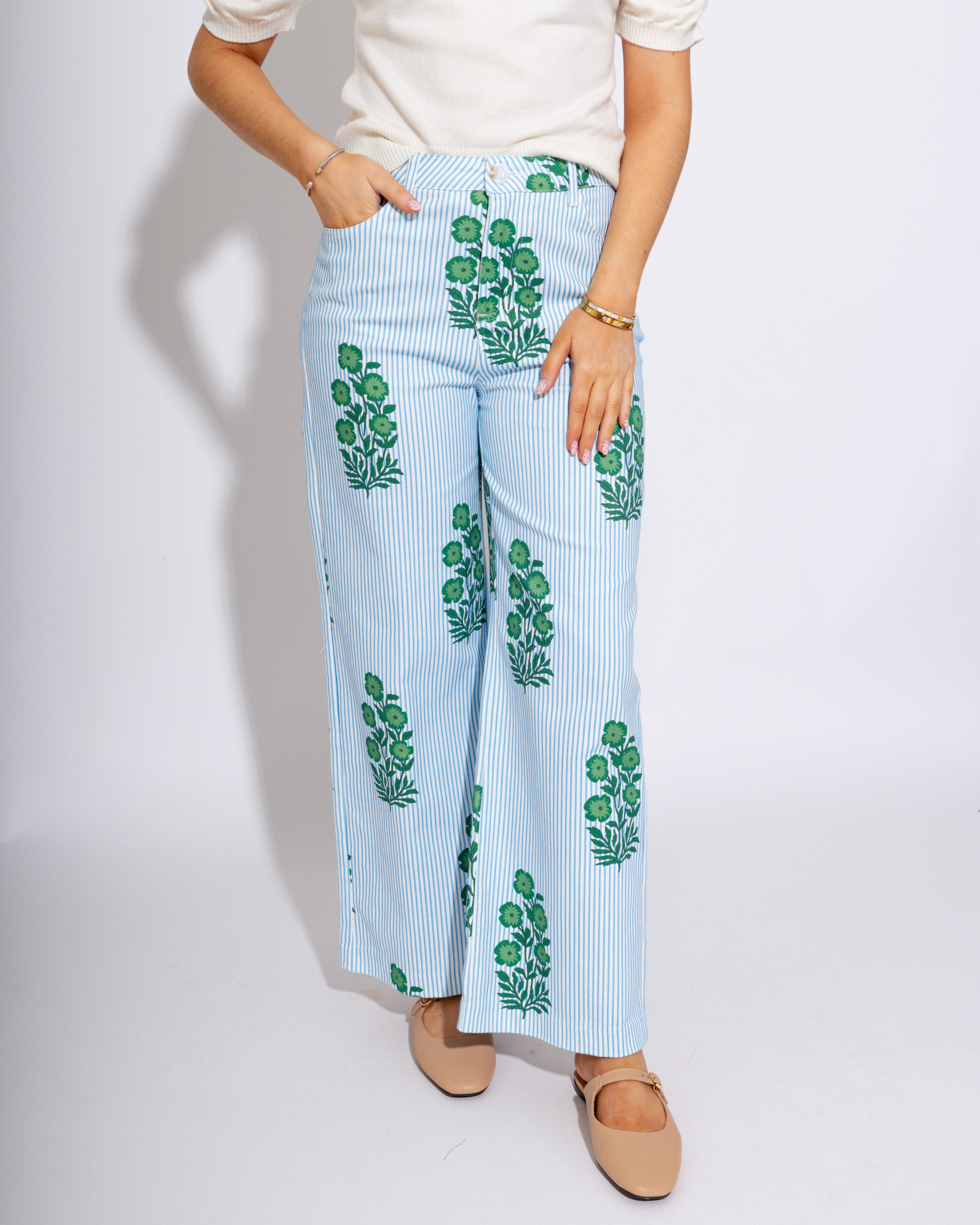 Striped Floral Wide-Leg Pants