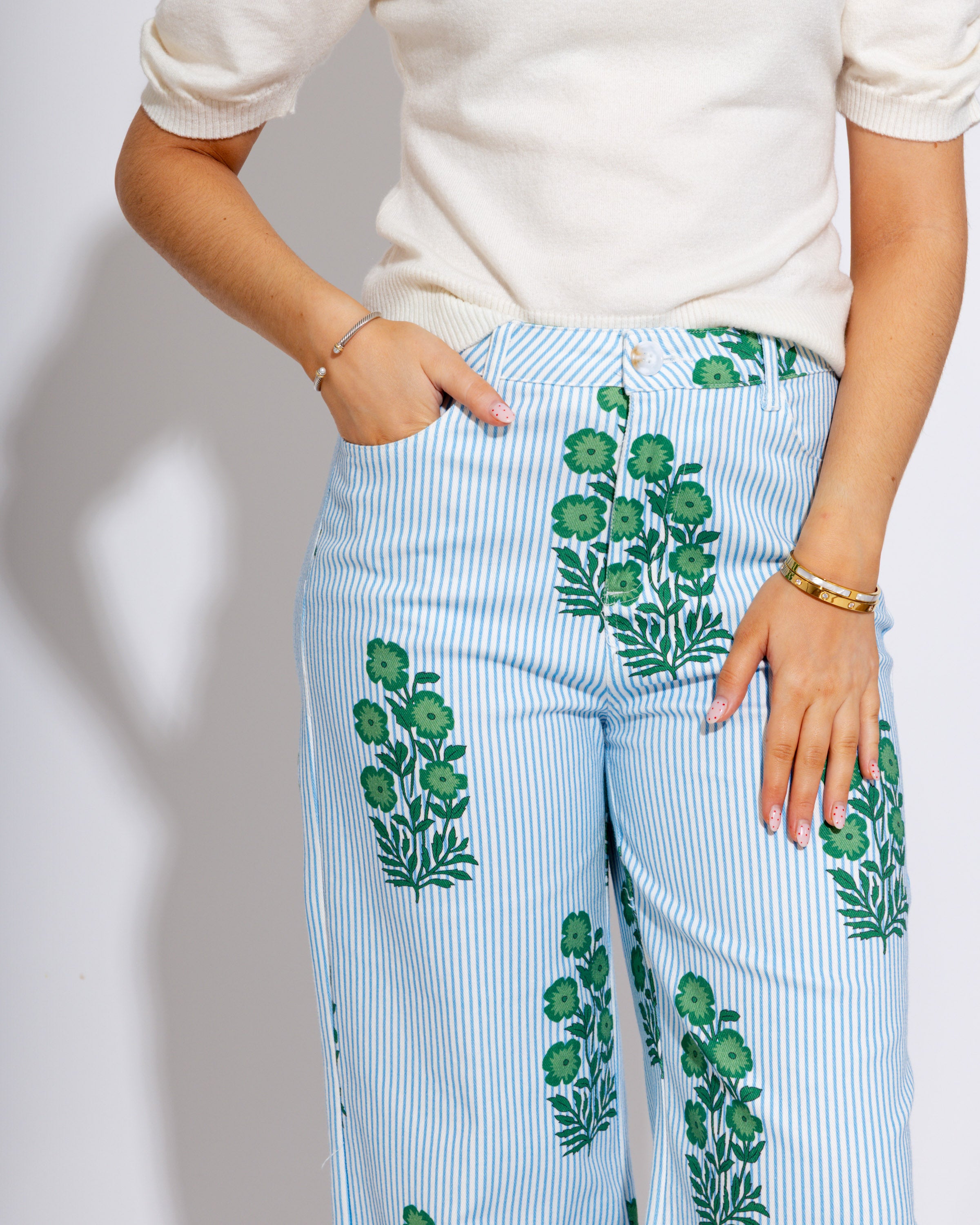 Striped Floral Wide-Leg Pants