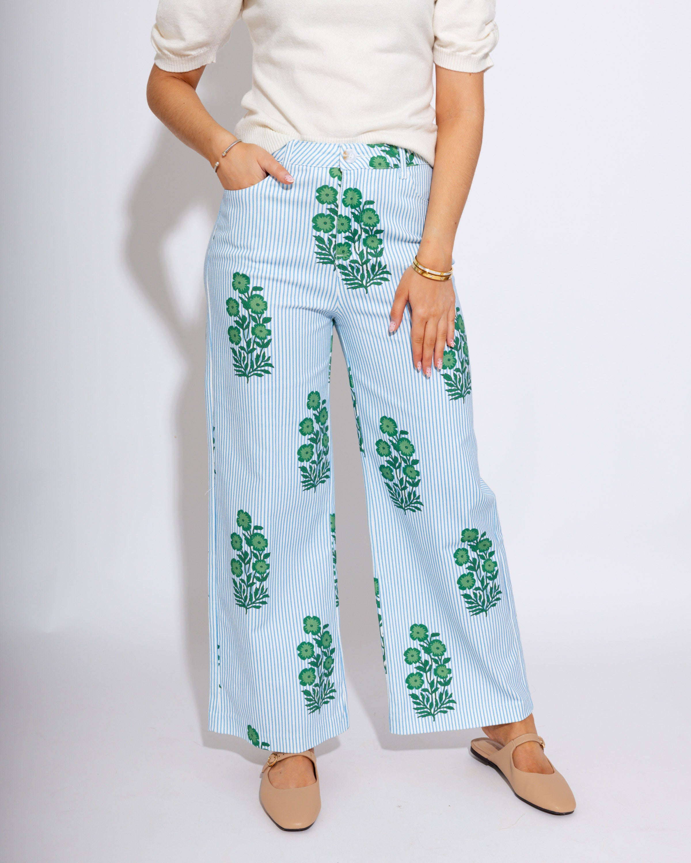 Striped Floral Wide-Leg Pants