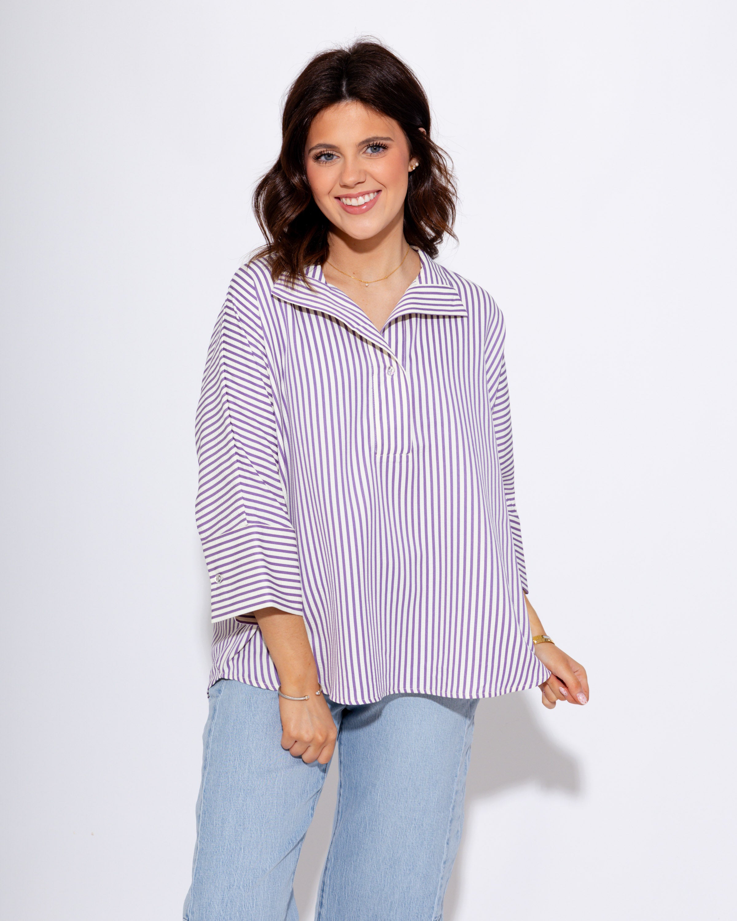 Striped Button Front 3/4 Sleeve Top