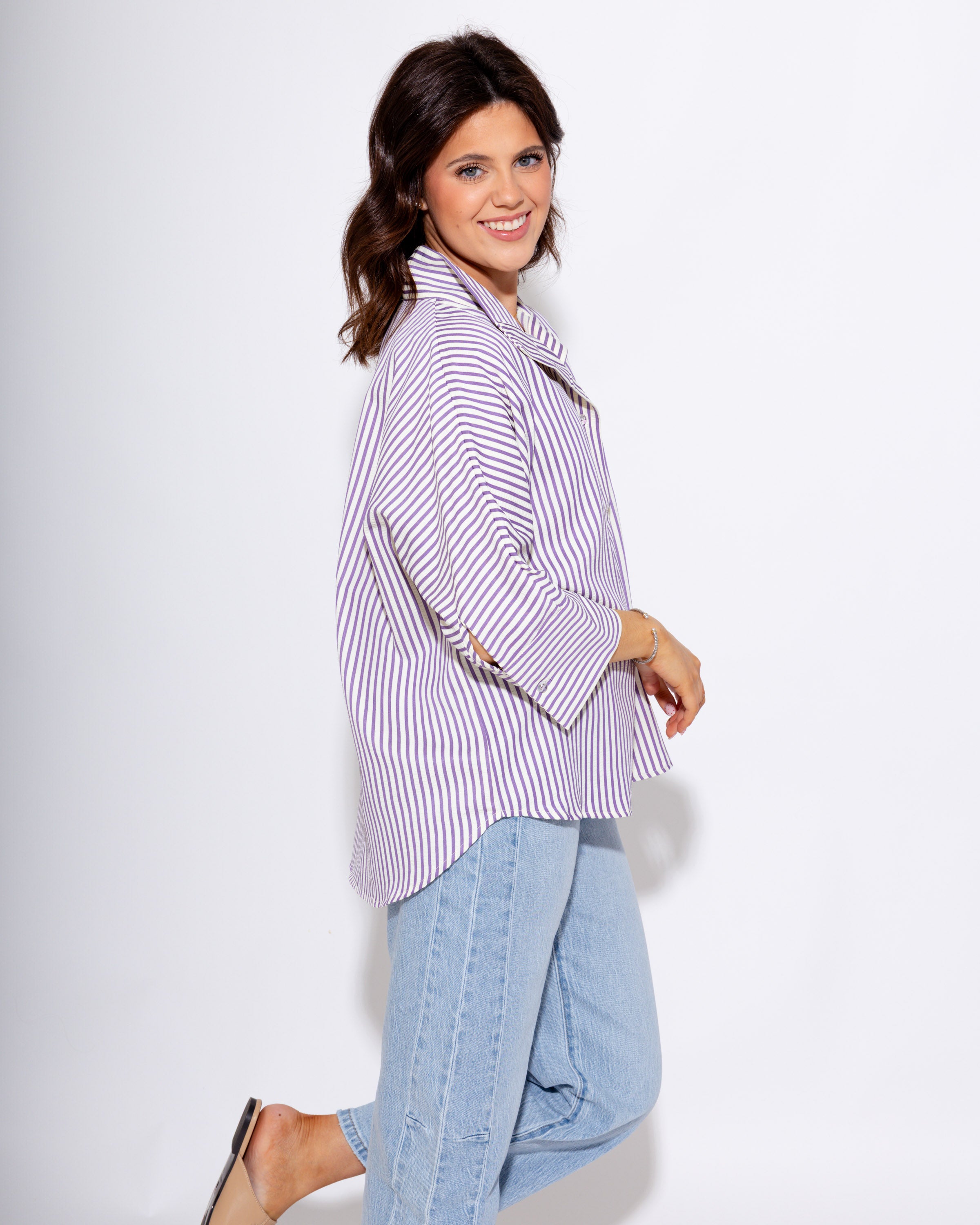 Striped Button Front 3/4 Sleeve Top