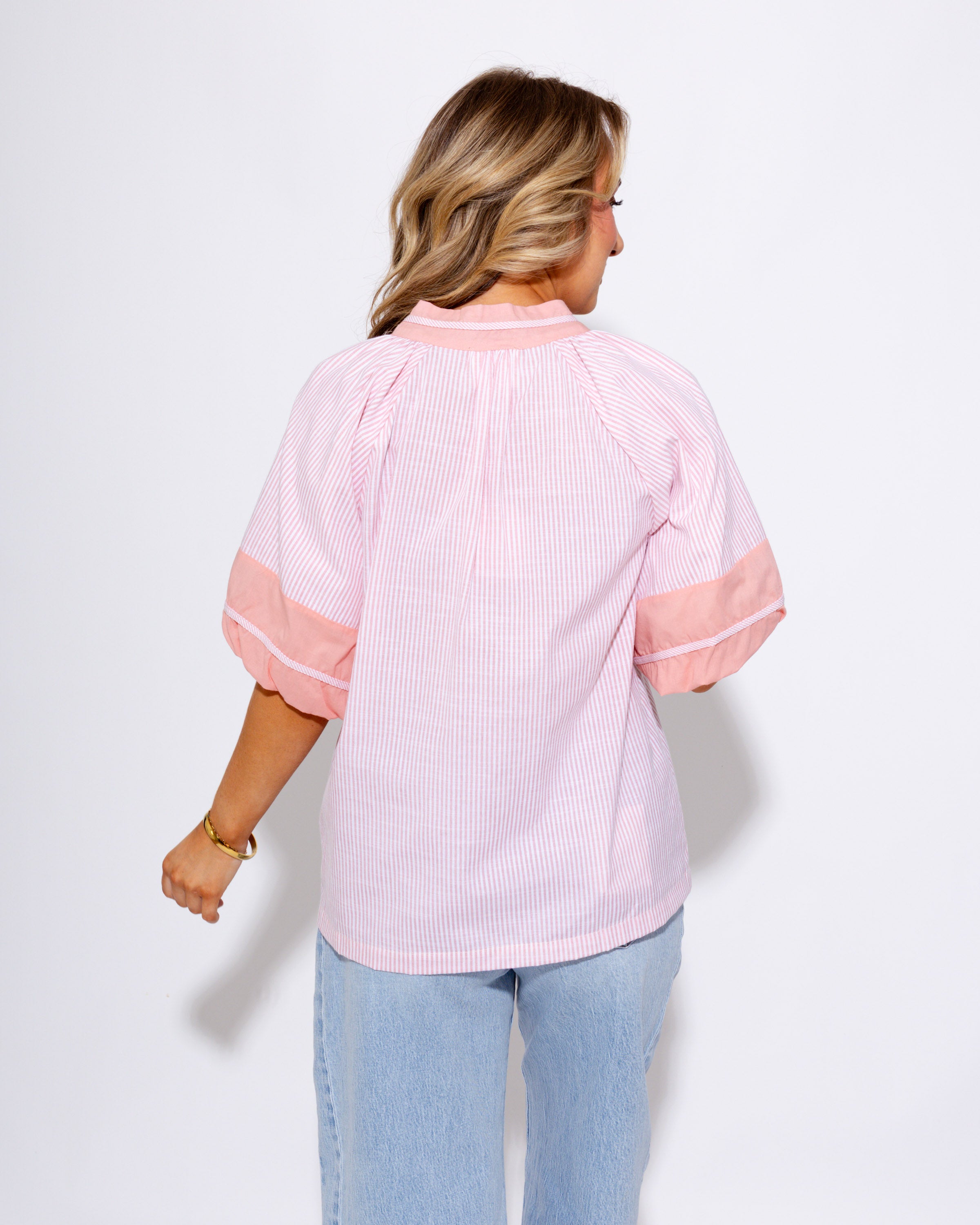 Bubble Sleeve Stripe V-Neck Top in Pink