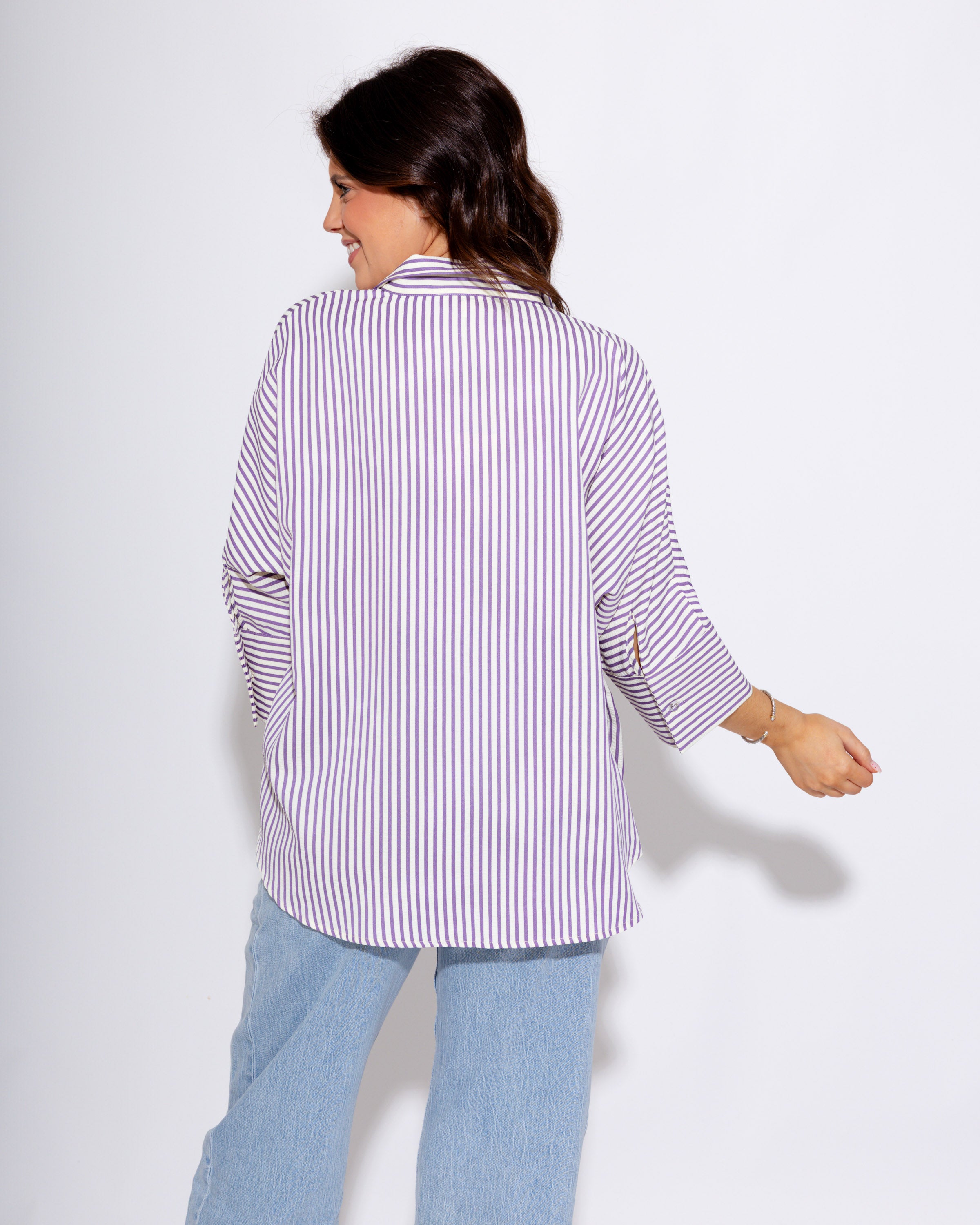 Striped Button Front 3/4 Sleeve Top