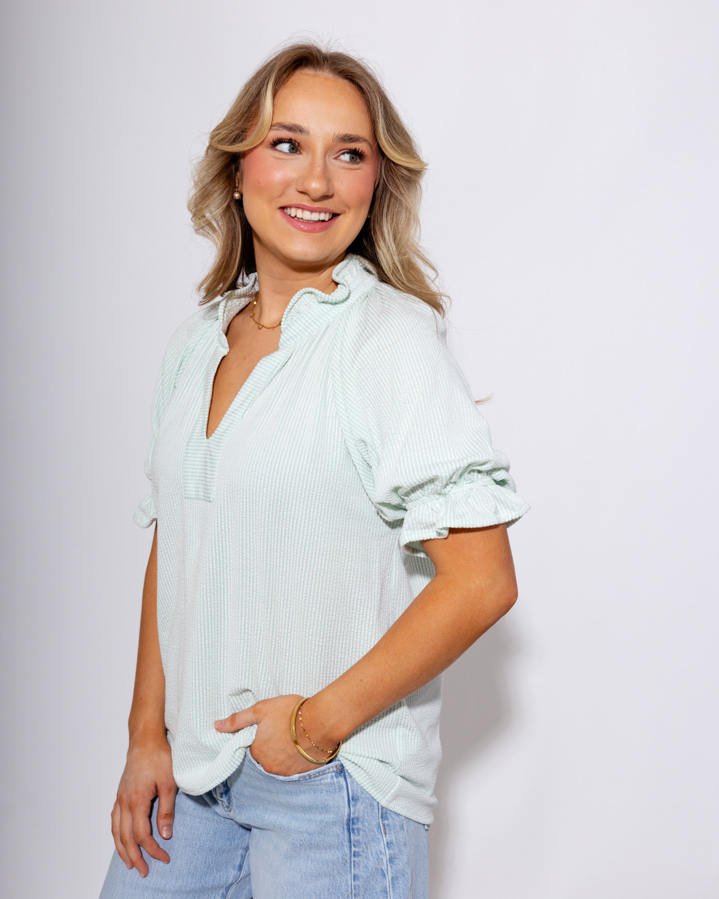 Bubble Sleeve Stripe V-Neck Top in Sage