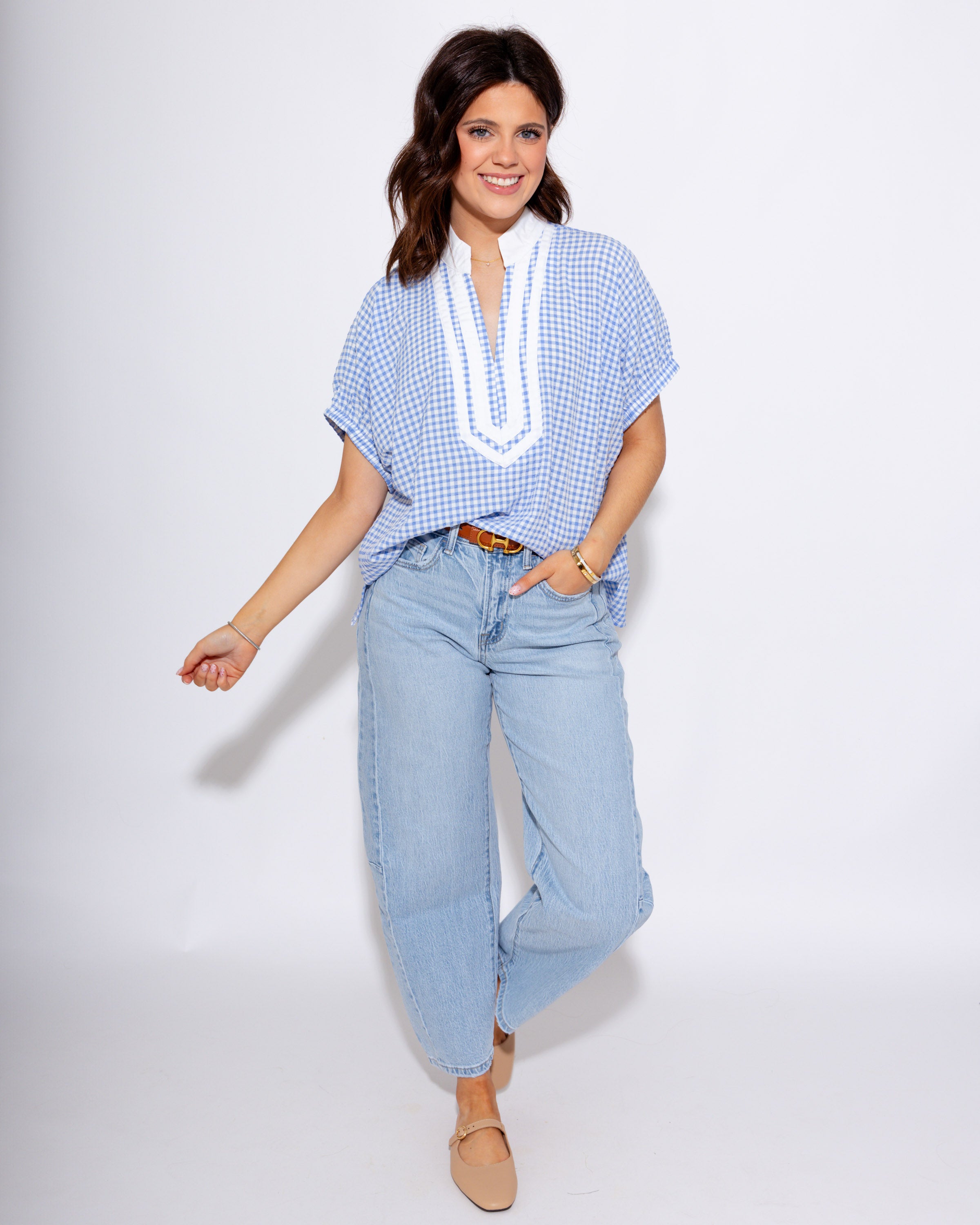 Timeless Gingham Contrast Top in Blue
