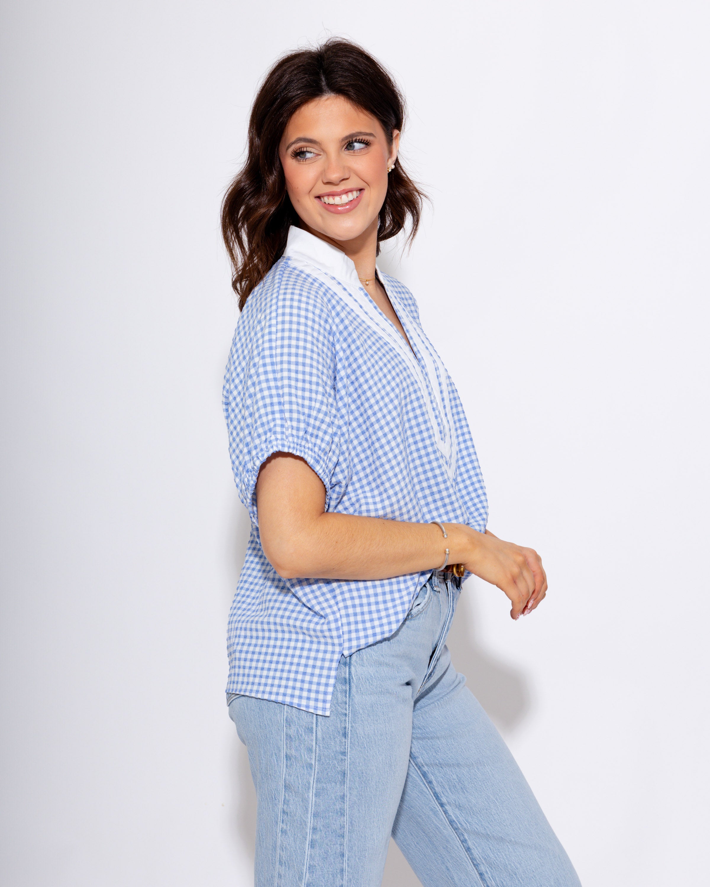 Timeless Gingham Contrast Top in Blue