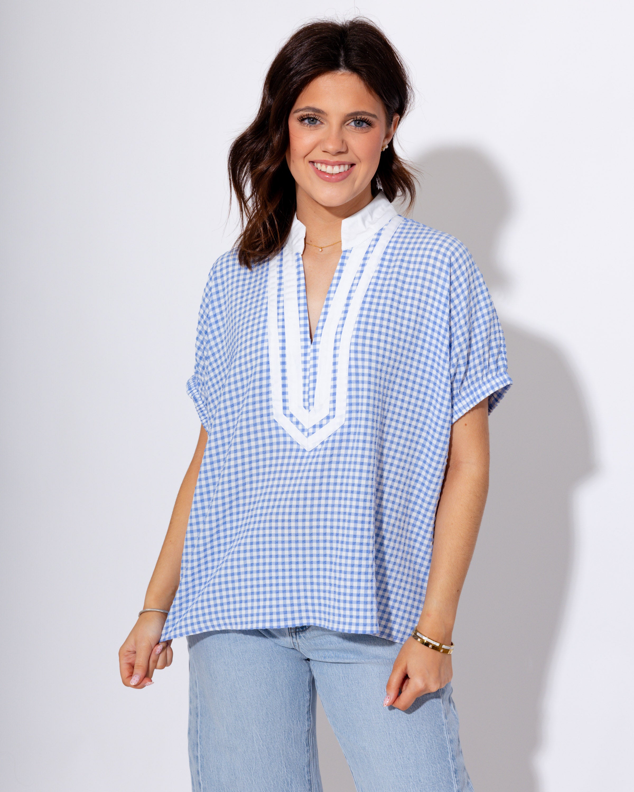 Timeless Gingham Contrast Top in Blue
