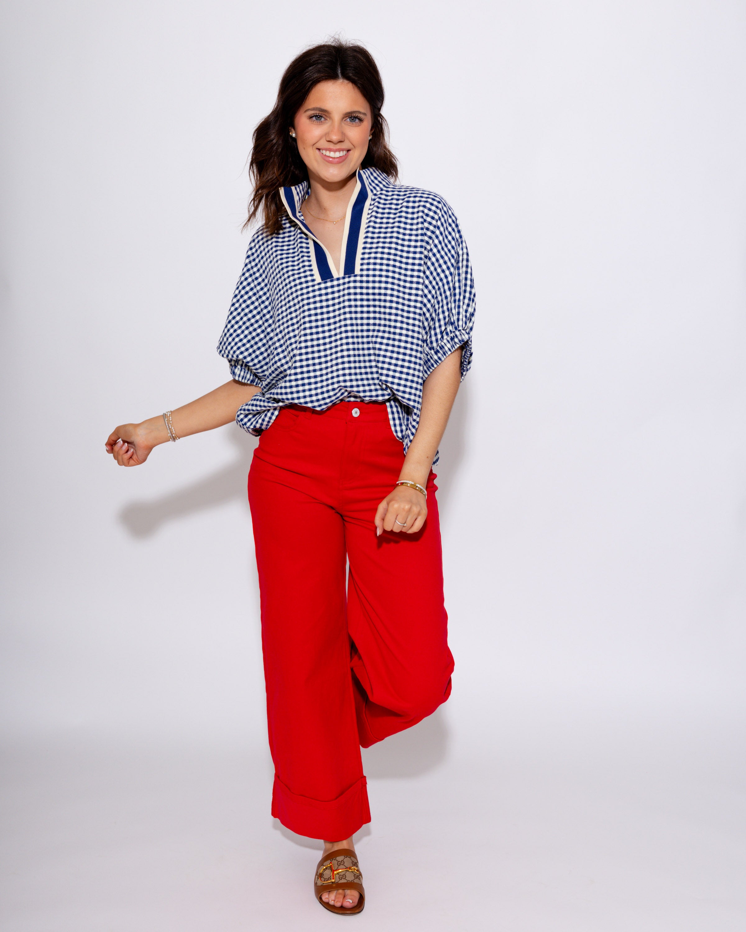 Gingham V-Neck Dolman Top in Navy