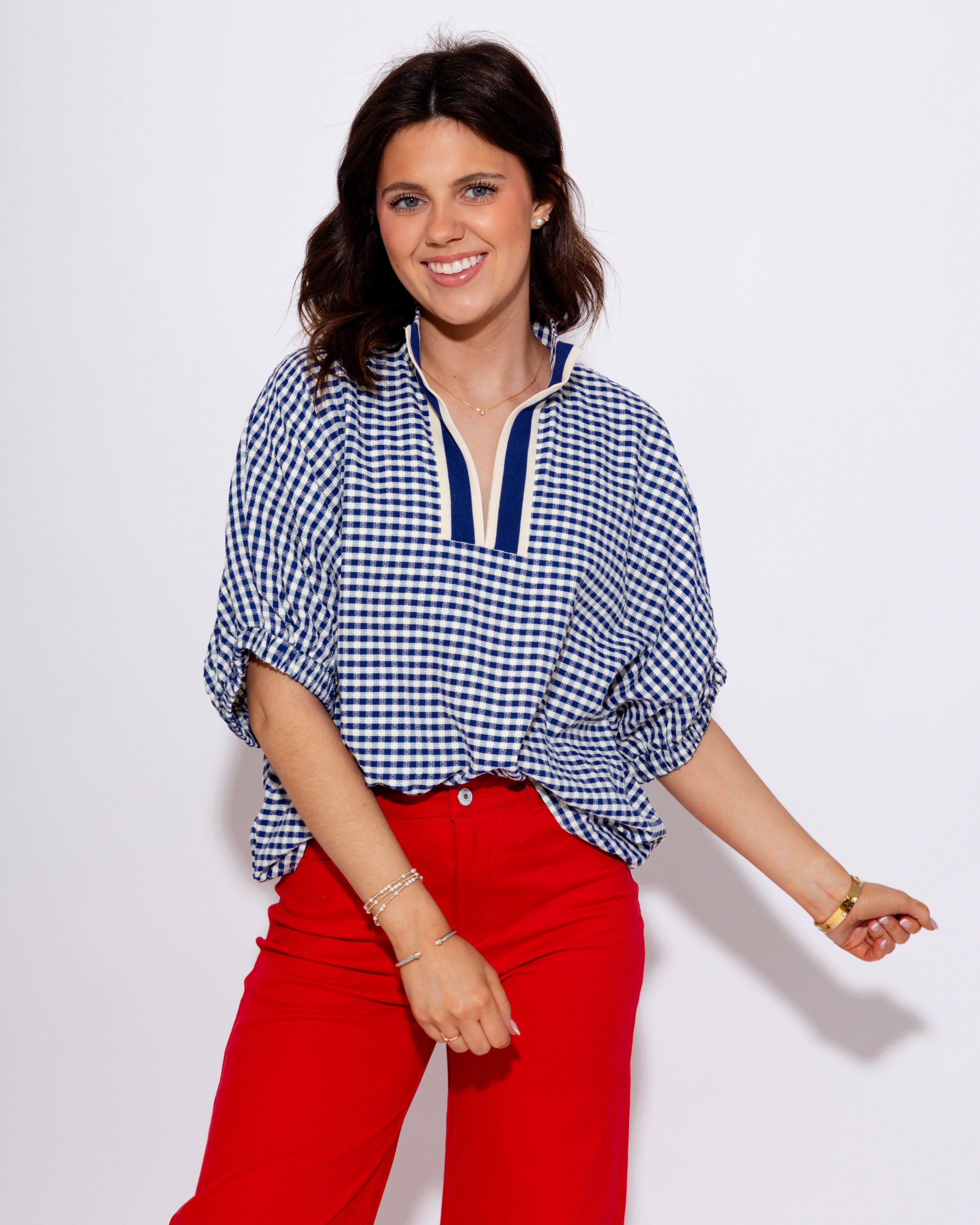 Gingham V-Neck Dolman Top in Navy