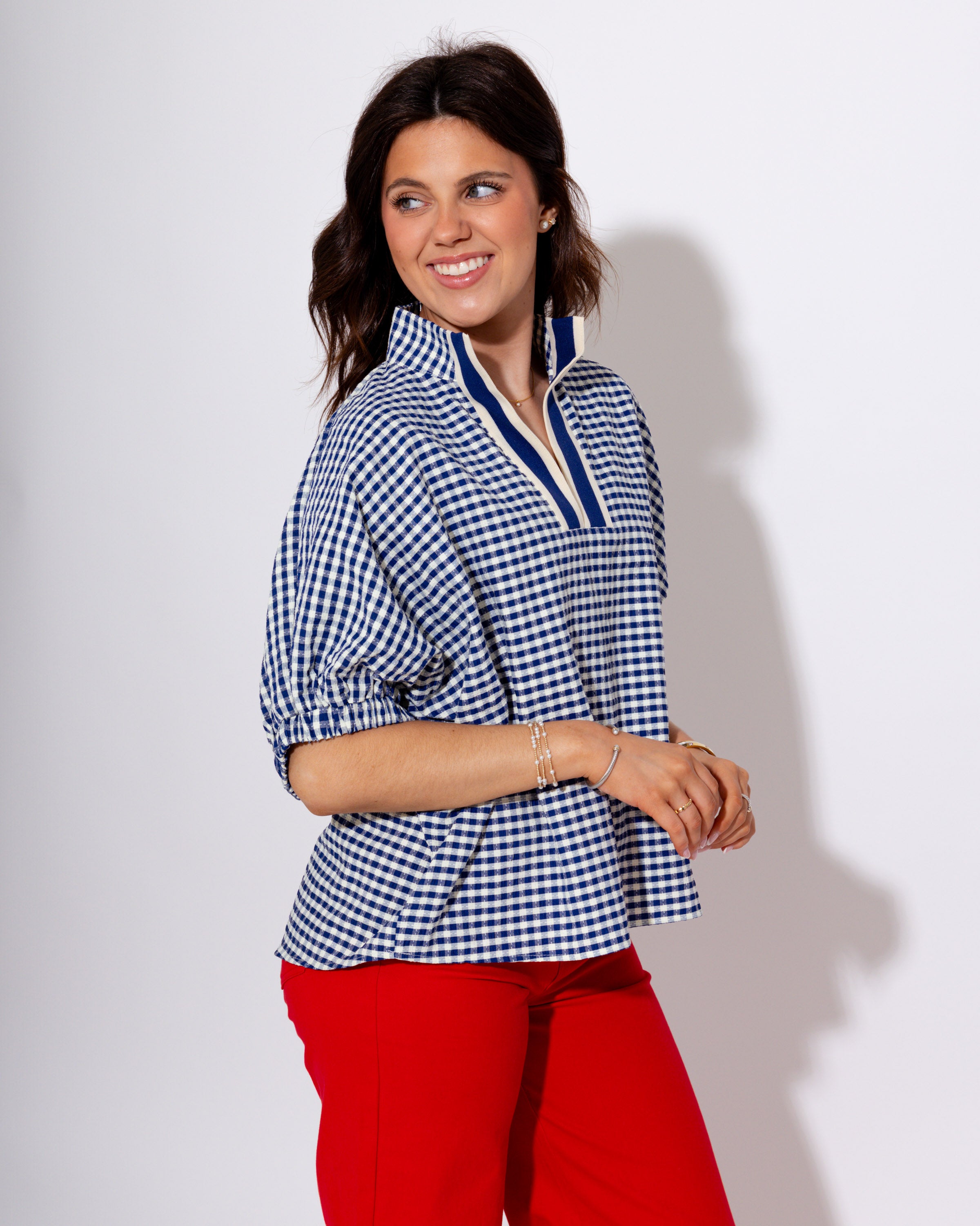 Gingham V-Neck Dolman Top in Navy