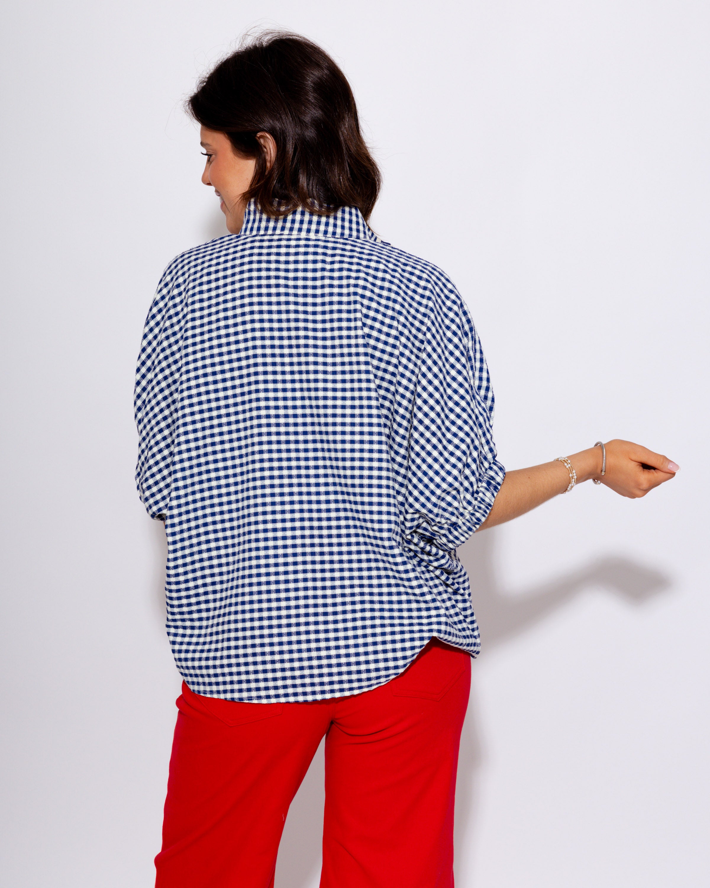Gingham V-Neck Dolman Top in Navy