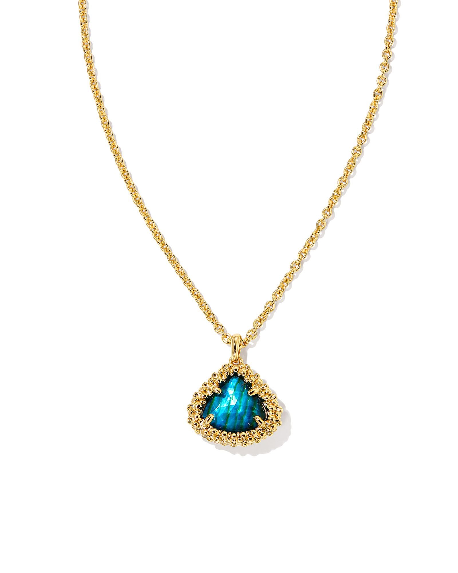 Framed Kendall Short Pendant Necklace in Gold Teal Abalone