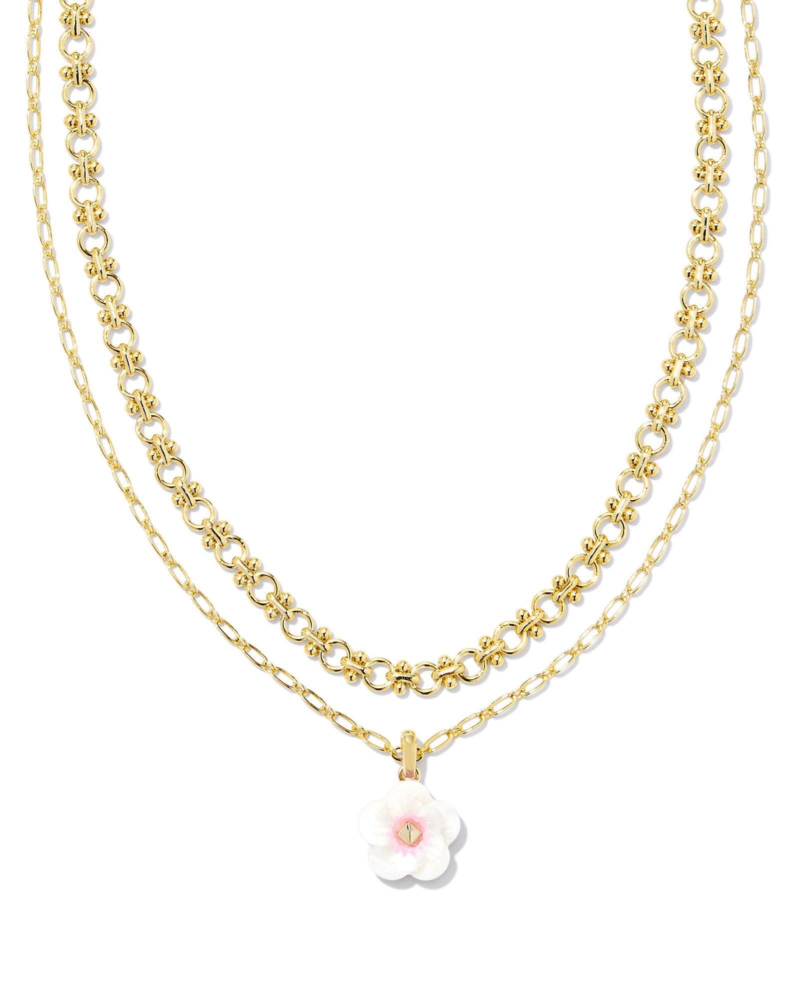 Deliah Multi Strand Necklace in Gold Iridescent Pink/White Mix