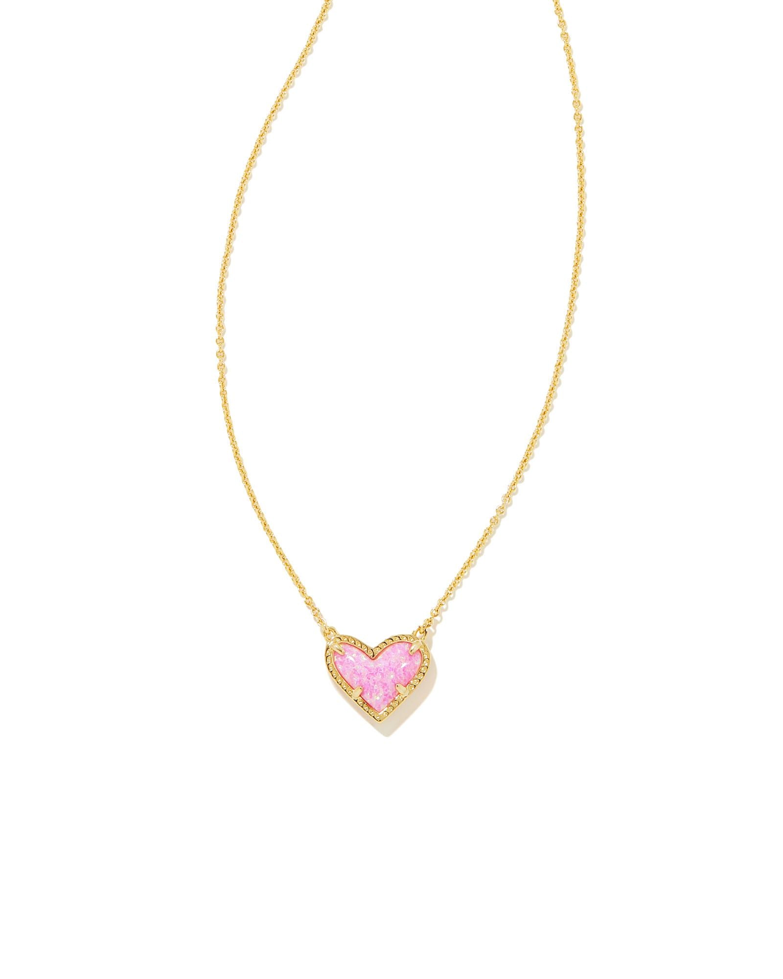 Ari Heart Short Pendant Necklace in Gold Bubblegum Pink Kyocera Opal