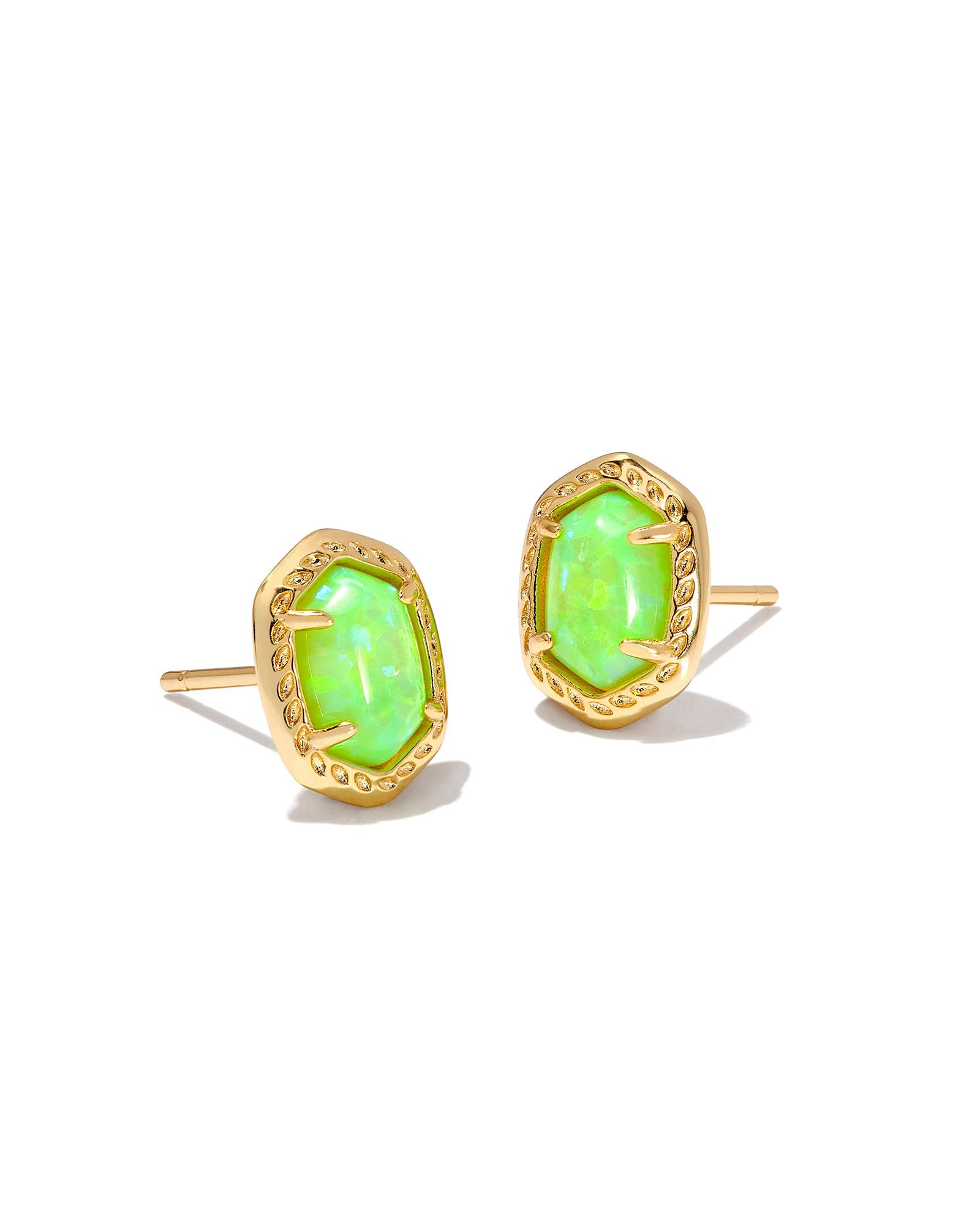 Daphne Framed Stud Earrings in Gold Bright Green Kyocera Opal