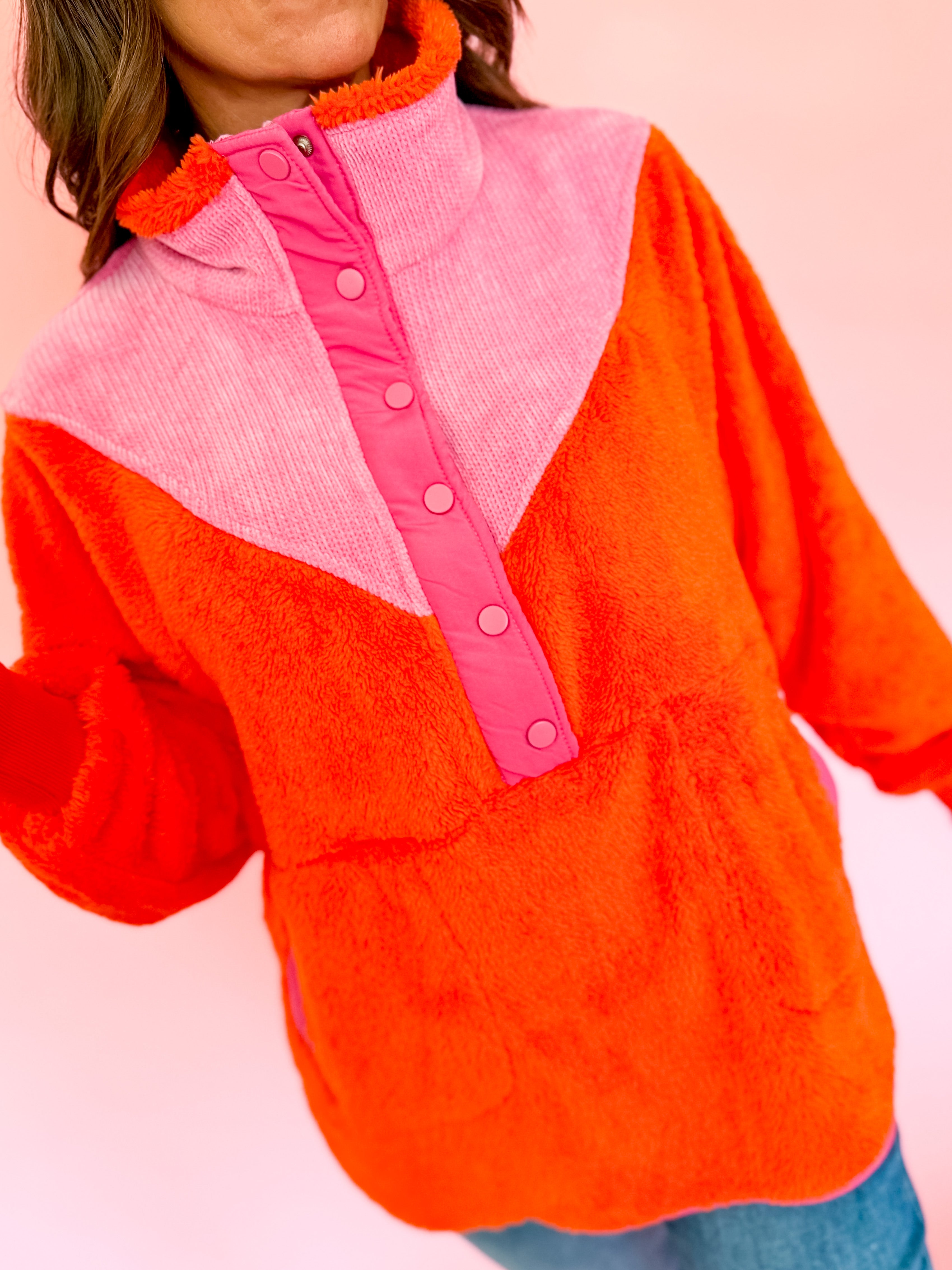 Fuzzy High Neck Sherpa Pullover in Orange/Pink