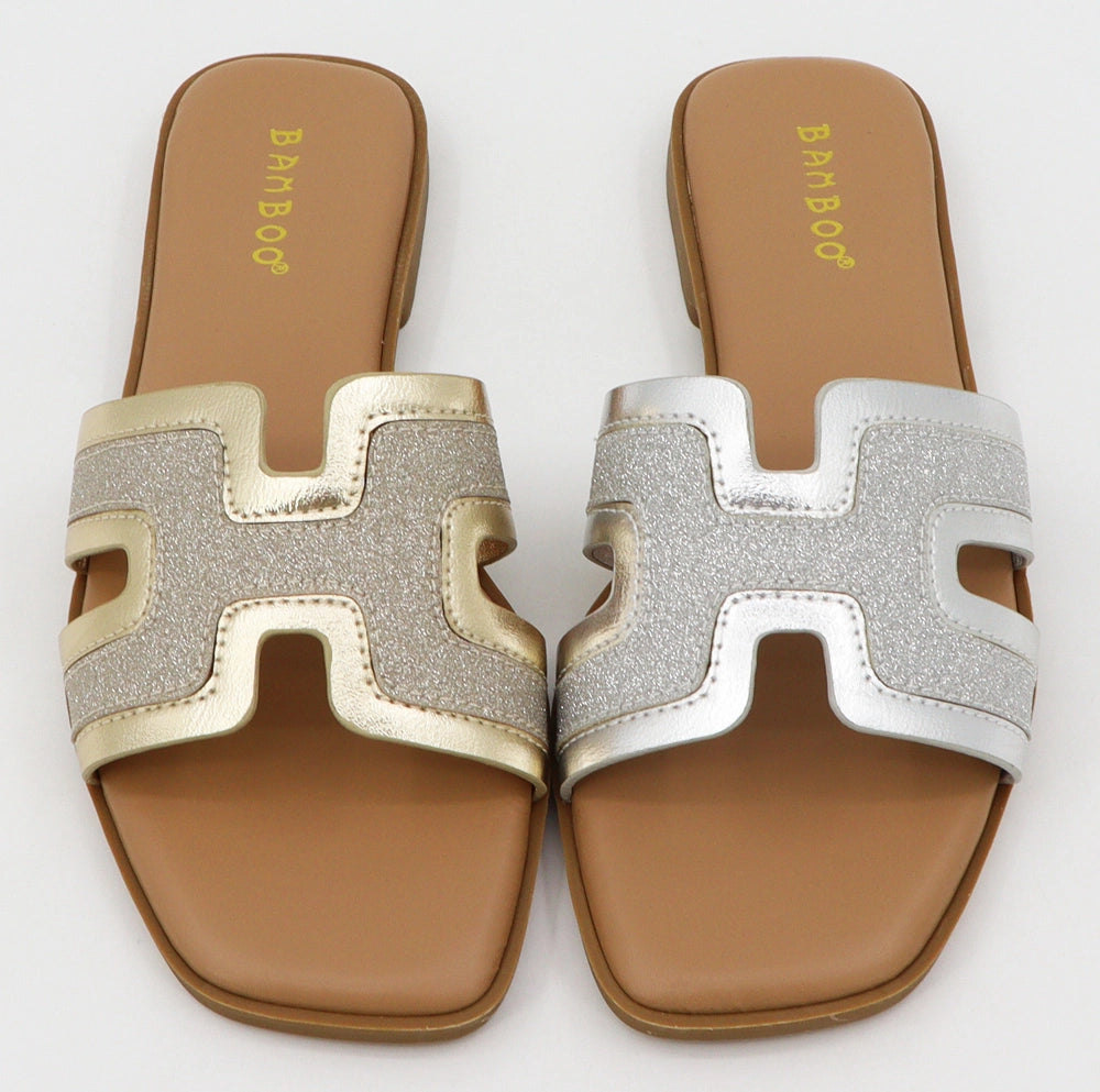 Glitter H Strap Slide Flat Sandals in Silver