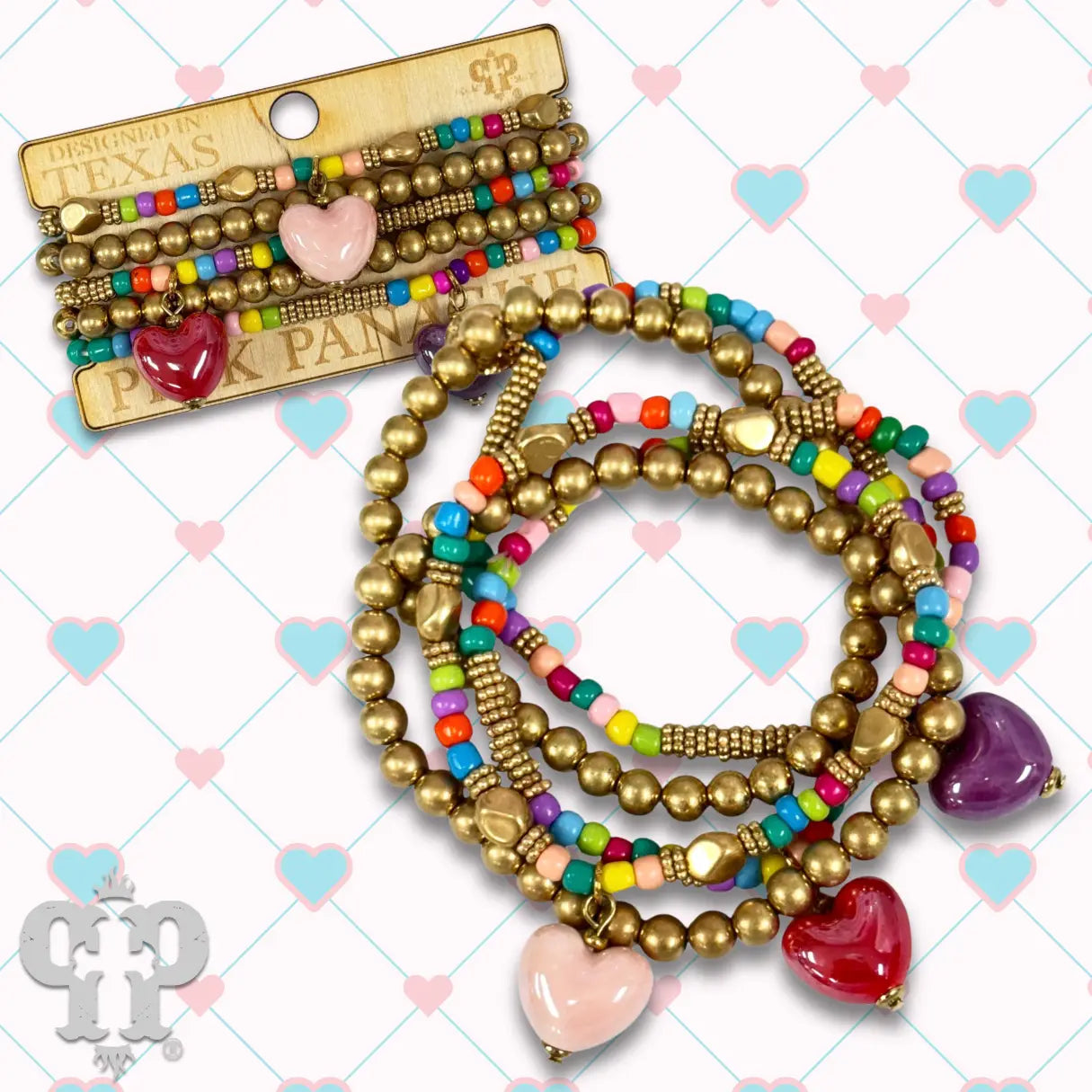Multi-Color Bracelet with Three Heart Charms