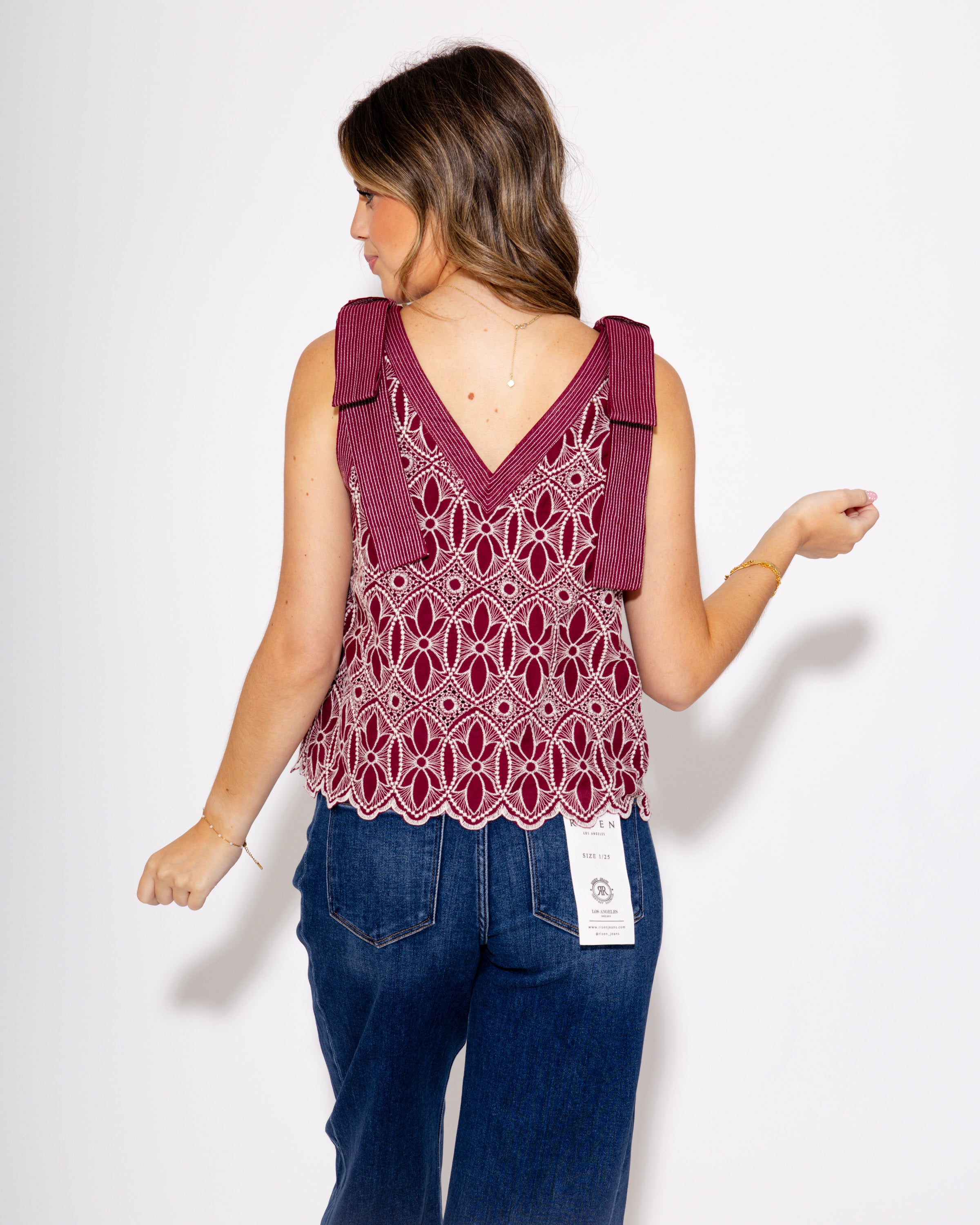 Floral Motif Bow Strap Top in Burgundy