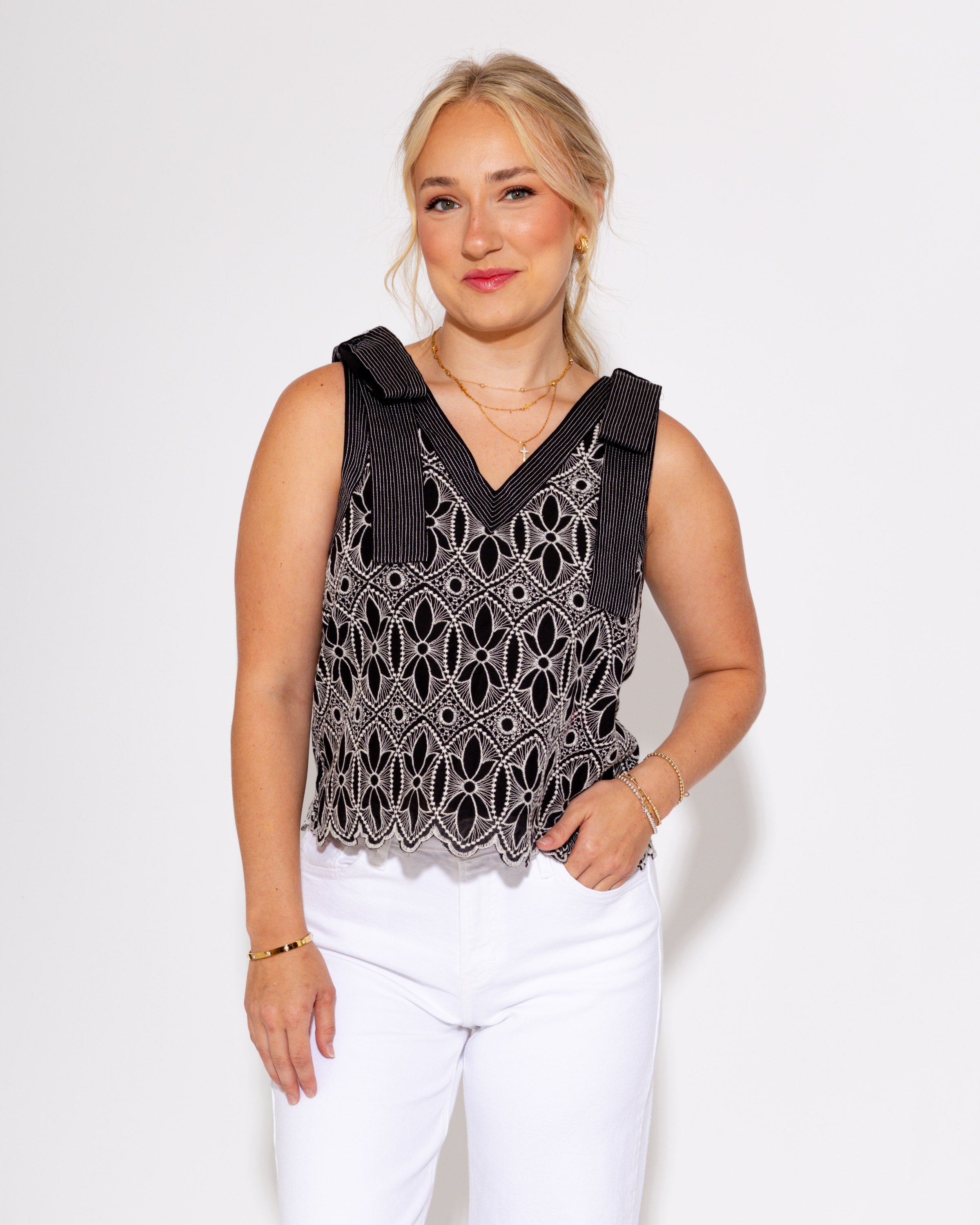 Floral Motif Bow Strap Top in Black