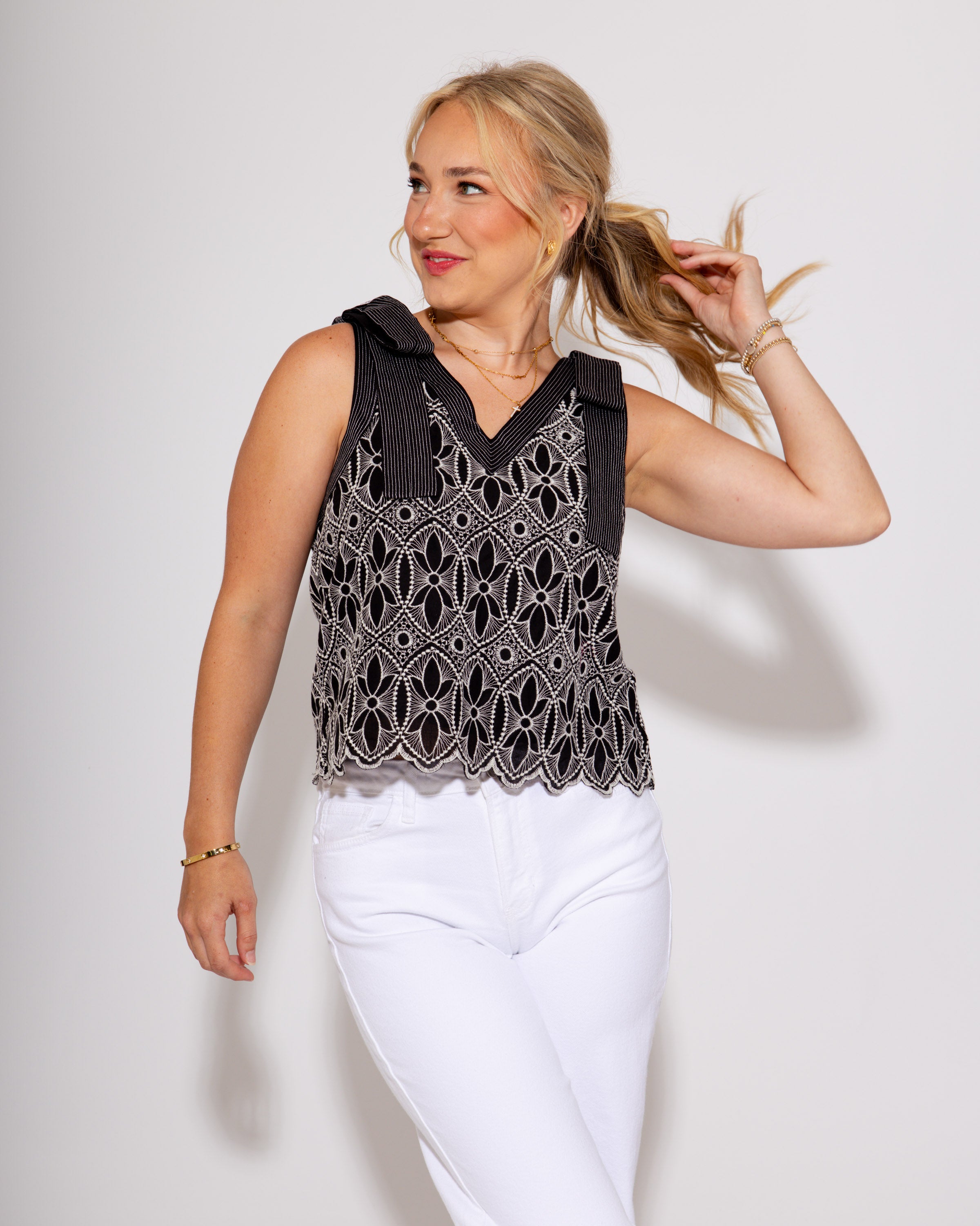 Floral Motif Bow Strap Top in Black